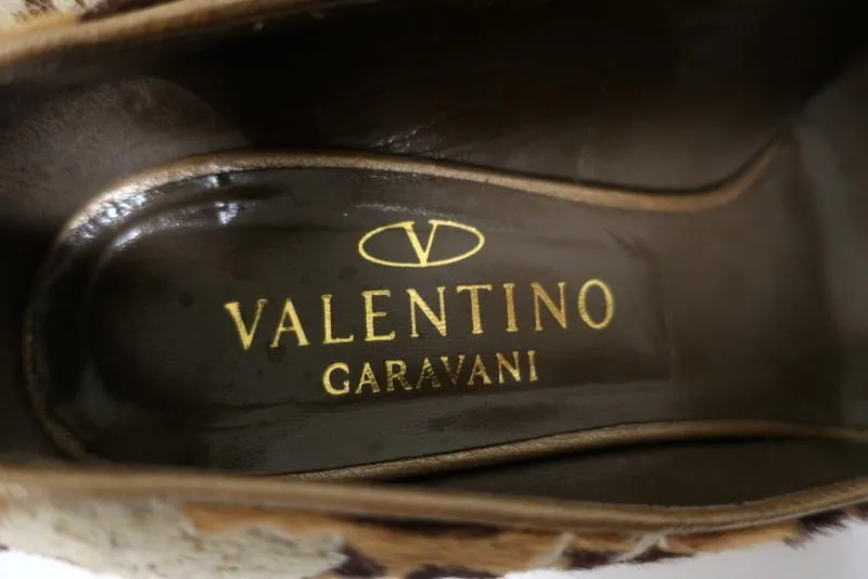 Valentino Wedge Pumps Leopard Print Calf Hair and Lace Size 37 Peep Toe Heel