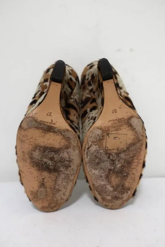 Valentino Wedge Pumps Leopard Print Calf Hair and Lace Size 37 Peep Toe Heel