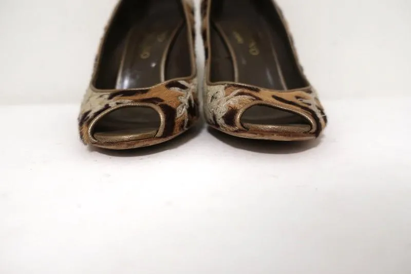 Valentino Wedge Pumps Leopard Print Calf Hair and Lace Size 37 Peep Toe Heel