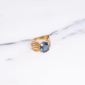Vintage 18kt Gold Plated Wide Band Cocktail Ring with Blue Crystal Center Stone