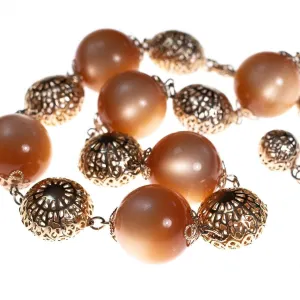 Vintage 1960s Champagne Moonglow Bead Necklace with Gold Filigree