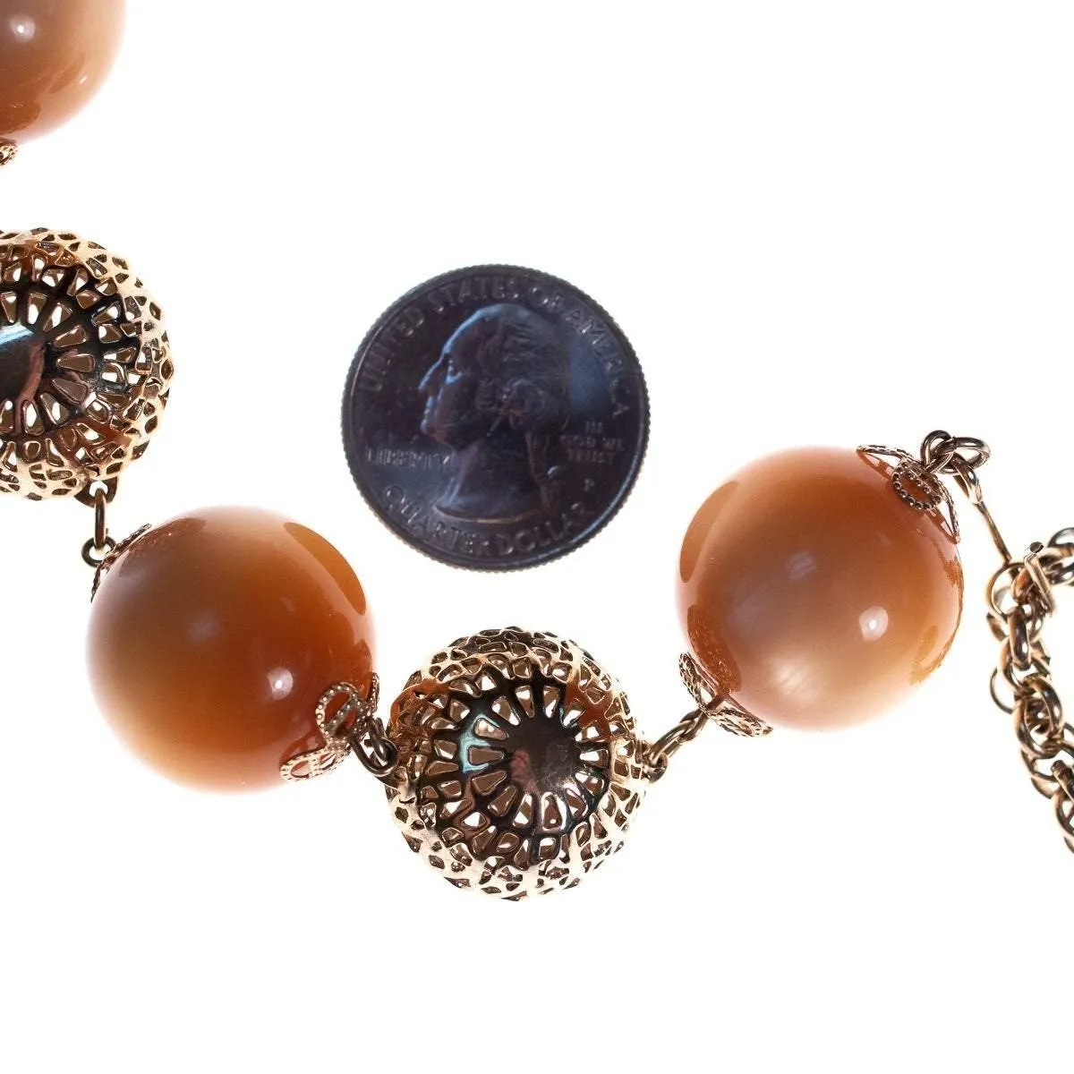 Vintage 1960s Champagne Moonglow Bead Necklace with Gold Filigree