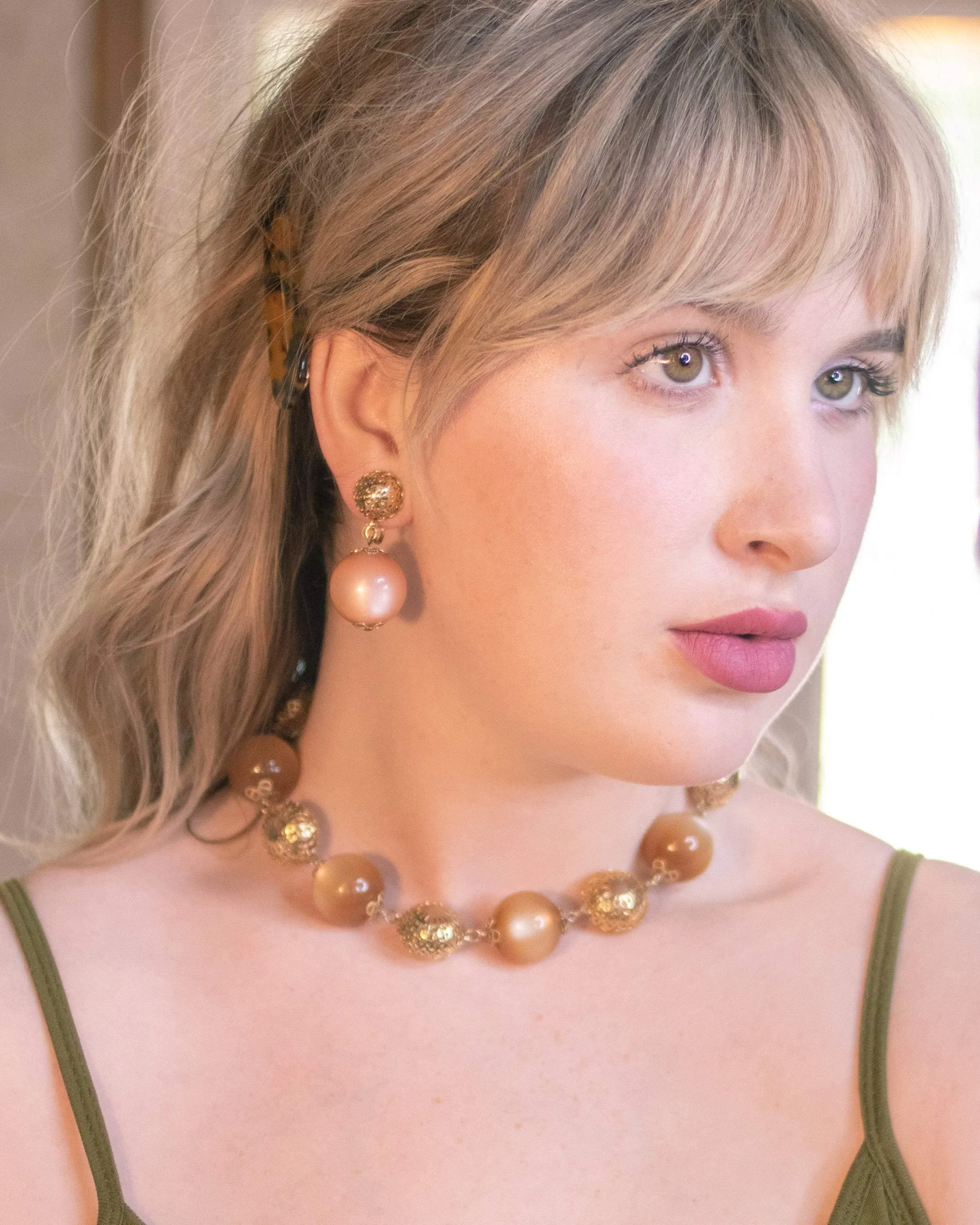 Vintage 1960s Champagne Moonglow Bead Necklace with Gold Filigree
