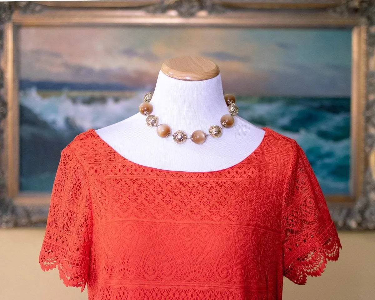 Vintage 1960s Champagne Moonglow Bead Necklace with Gold Filigree