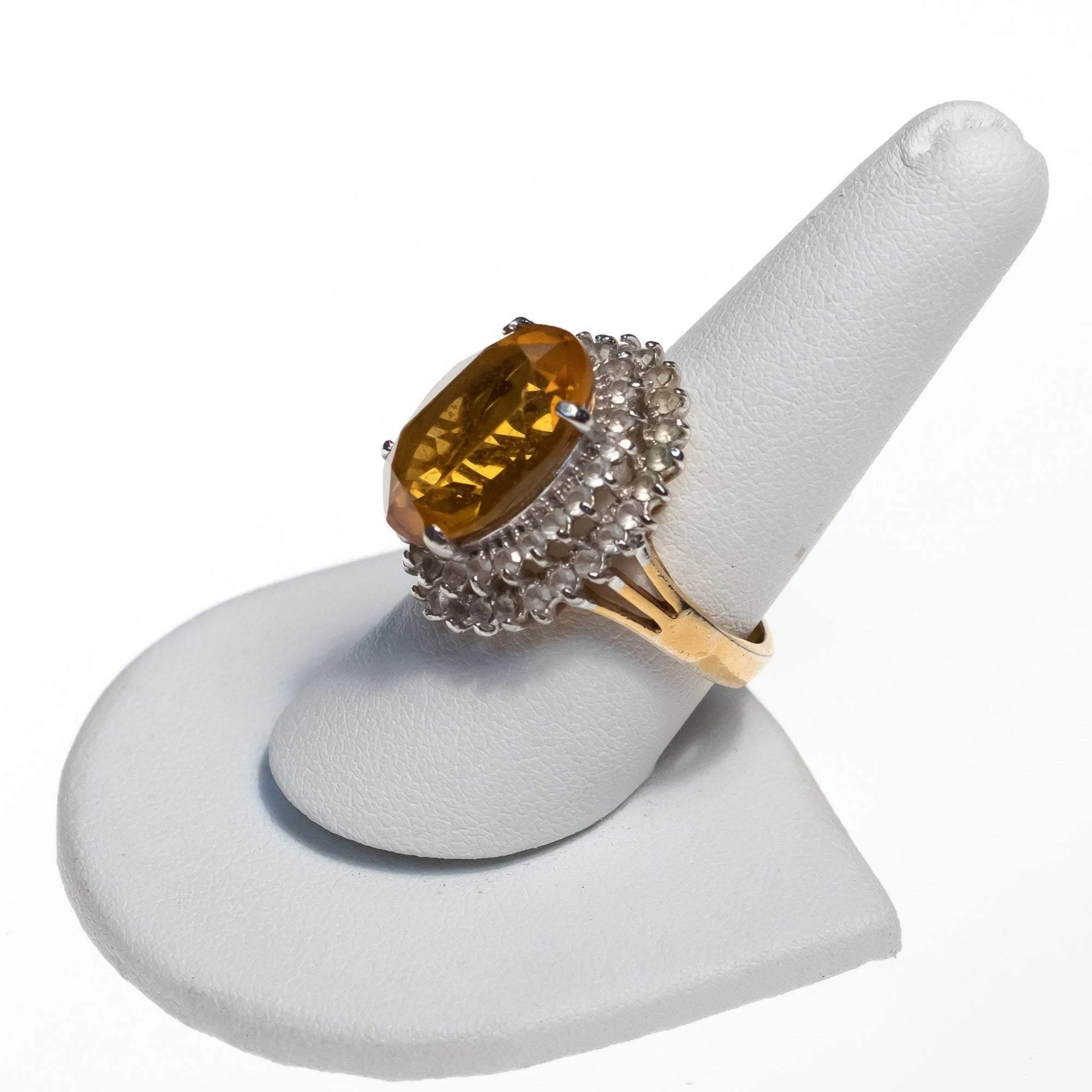 Vintage 1980s Citrine Crystal Statement Ring with Princess Halo Setting