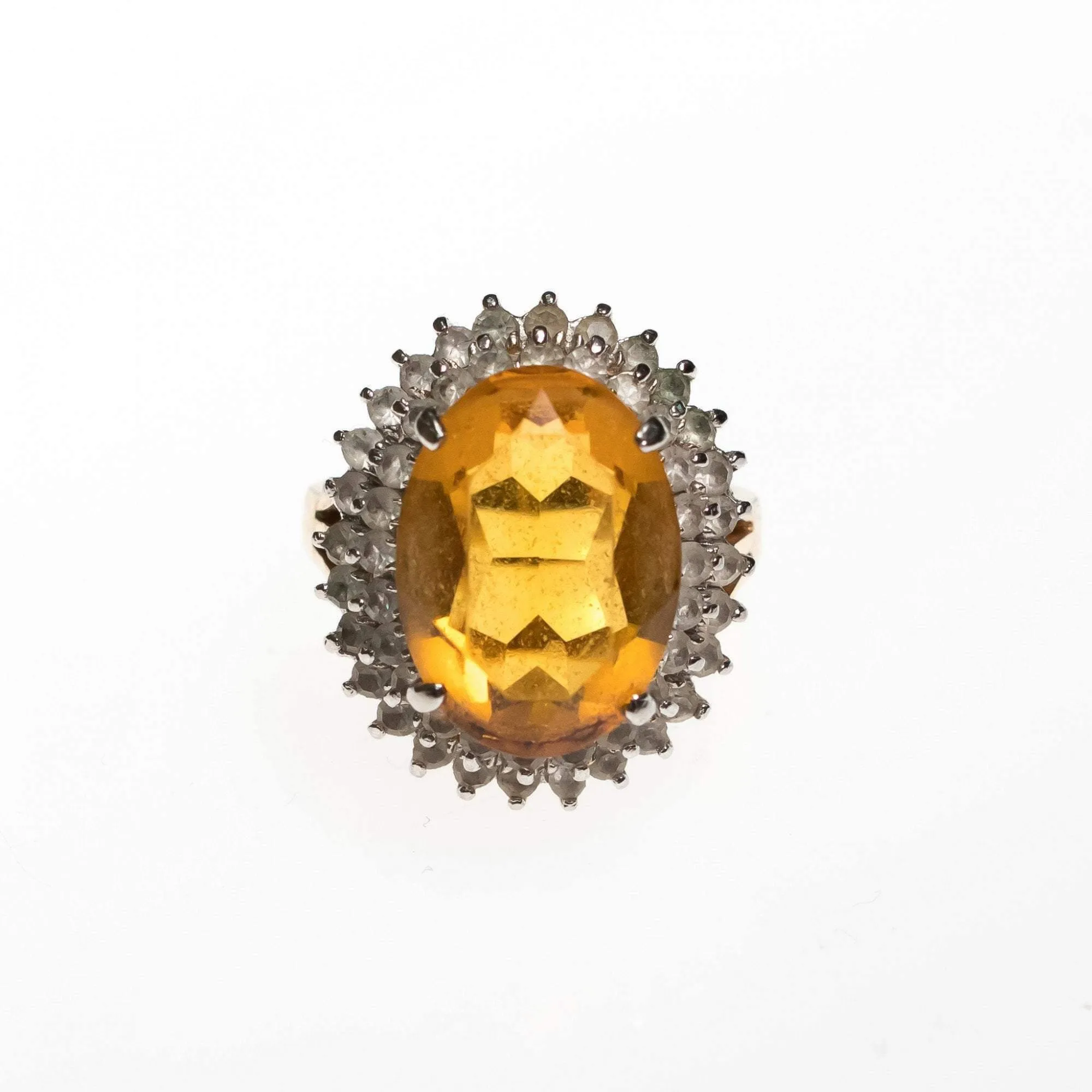 Vintage 1980s Citrine Crystal Statement Ring with Princess Halo Setting