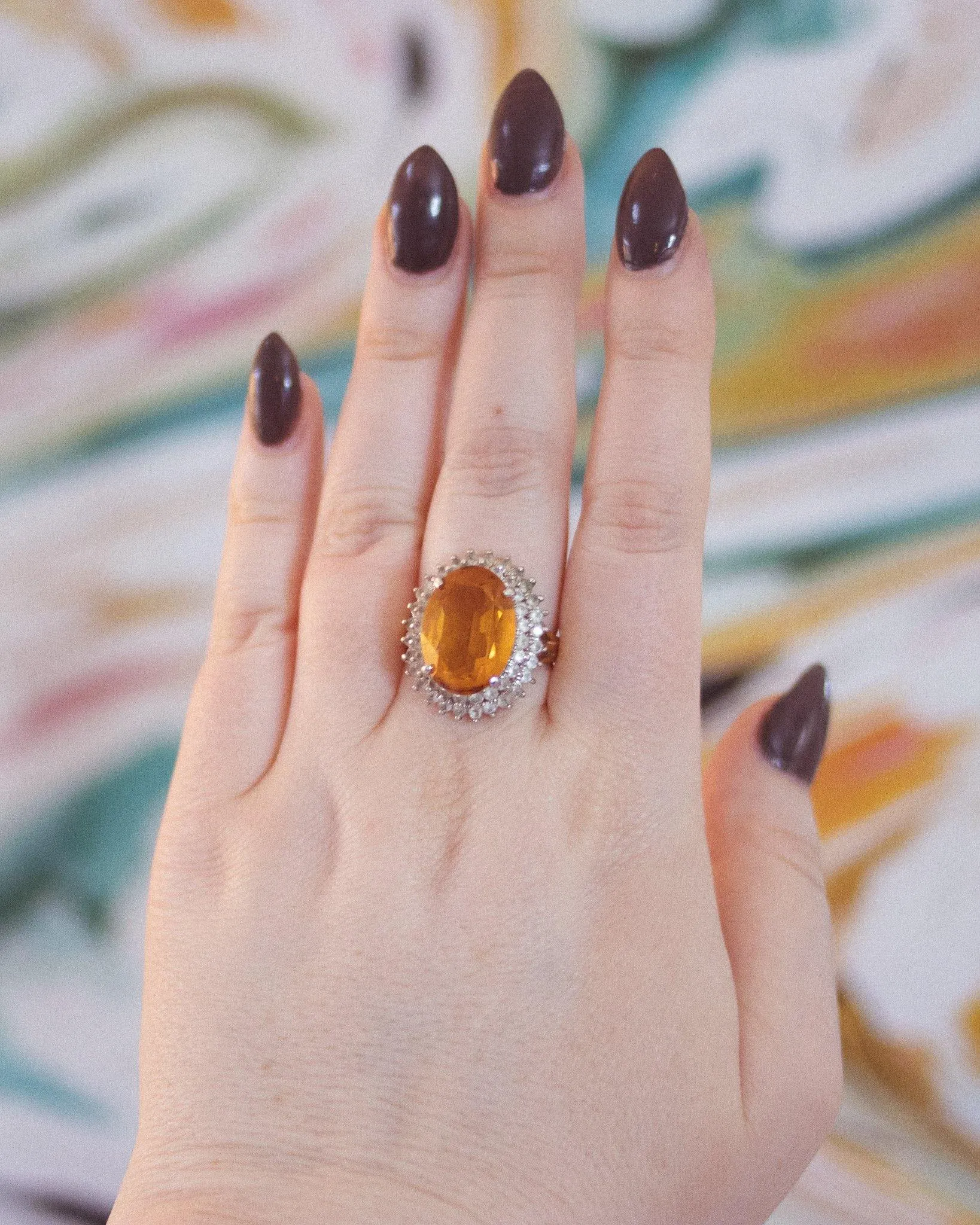 Vintage 1980s Citrine Crystal Statement Ring with Princess Halo Setting