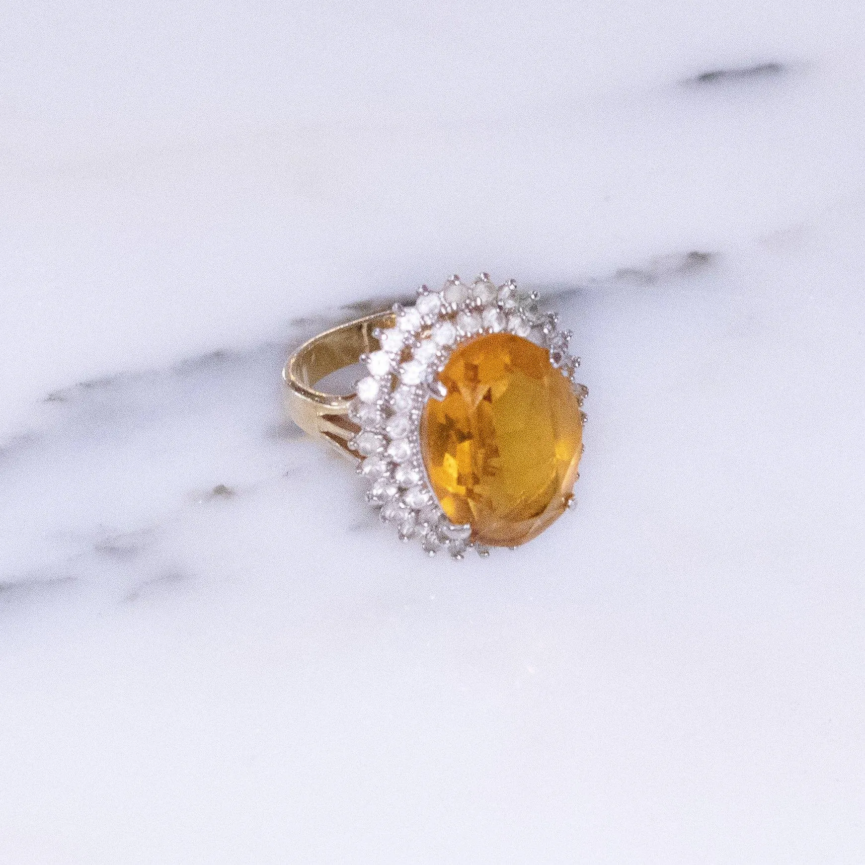 Vintage 1980s Citrine Crystal Statement Ring with Princess Halo Setting
