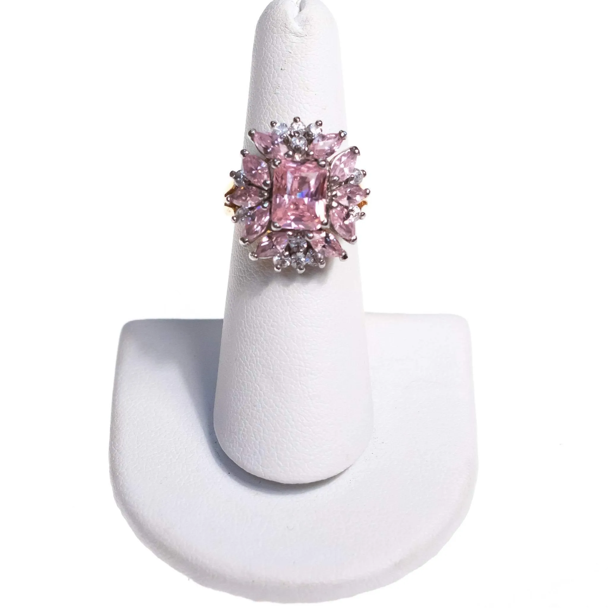 Vintage 1980s Pink and Clear Cluster CZ Cocktail Statement Ring