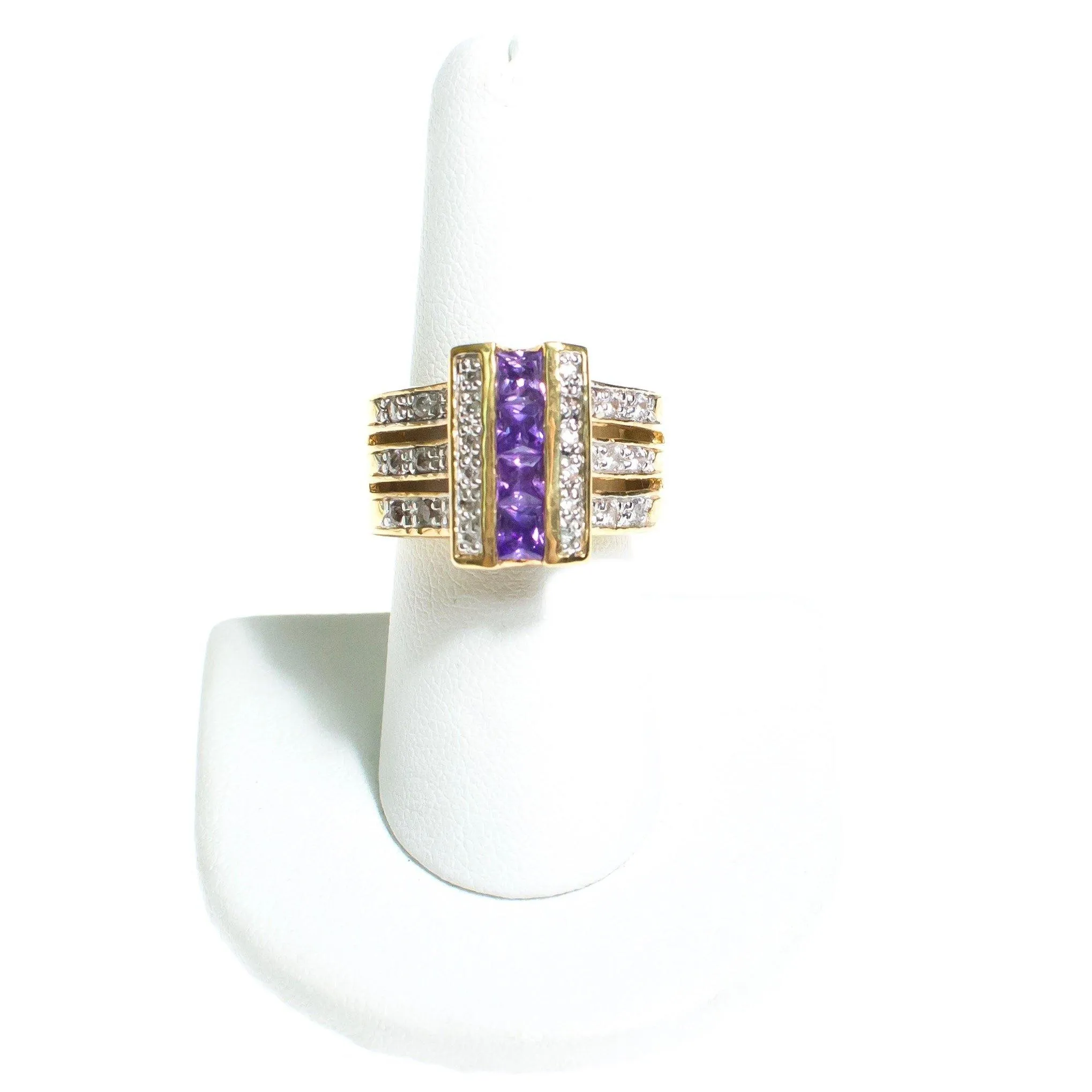 Vintage Amethyst Crystal and CZ Wide Band Statement Ring