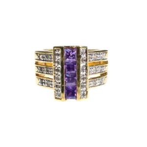 Vintage Amethyst Crystal and CZ Wide Band Statement Ring