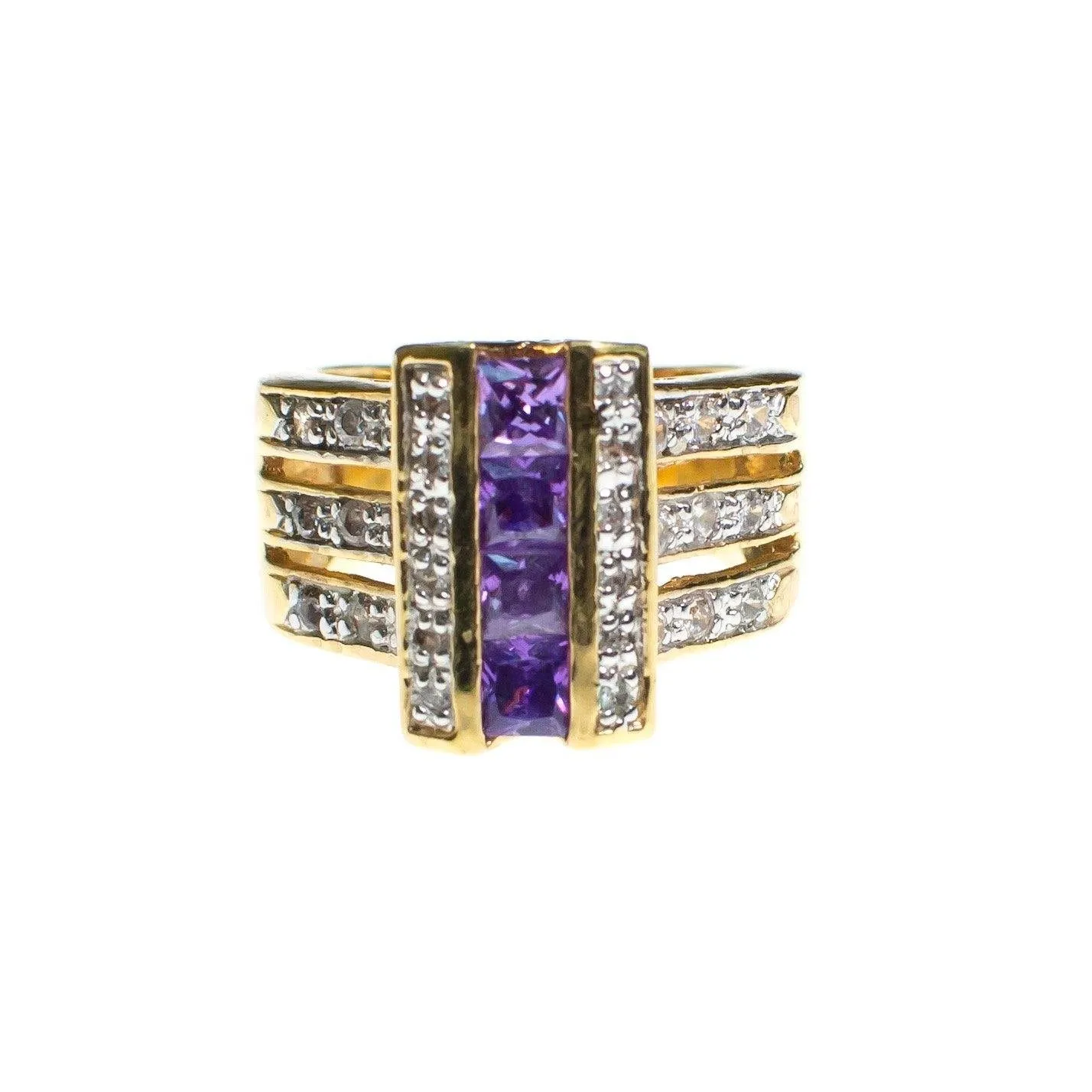 Vintage Amethyst Crystal and CZ Wide Band Statement Ring