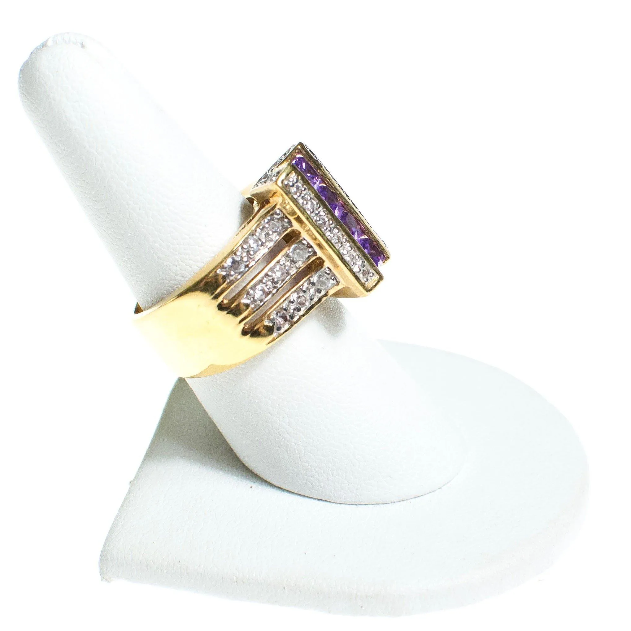 Vintage Amethyst Crystal and CZ Wide Band Statement Ring