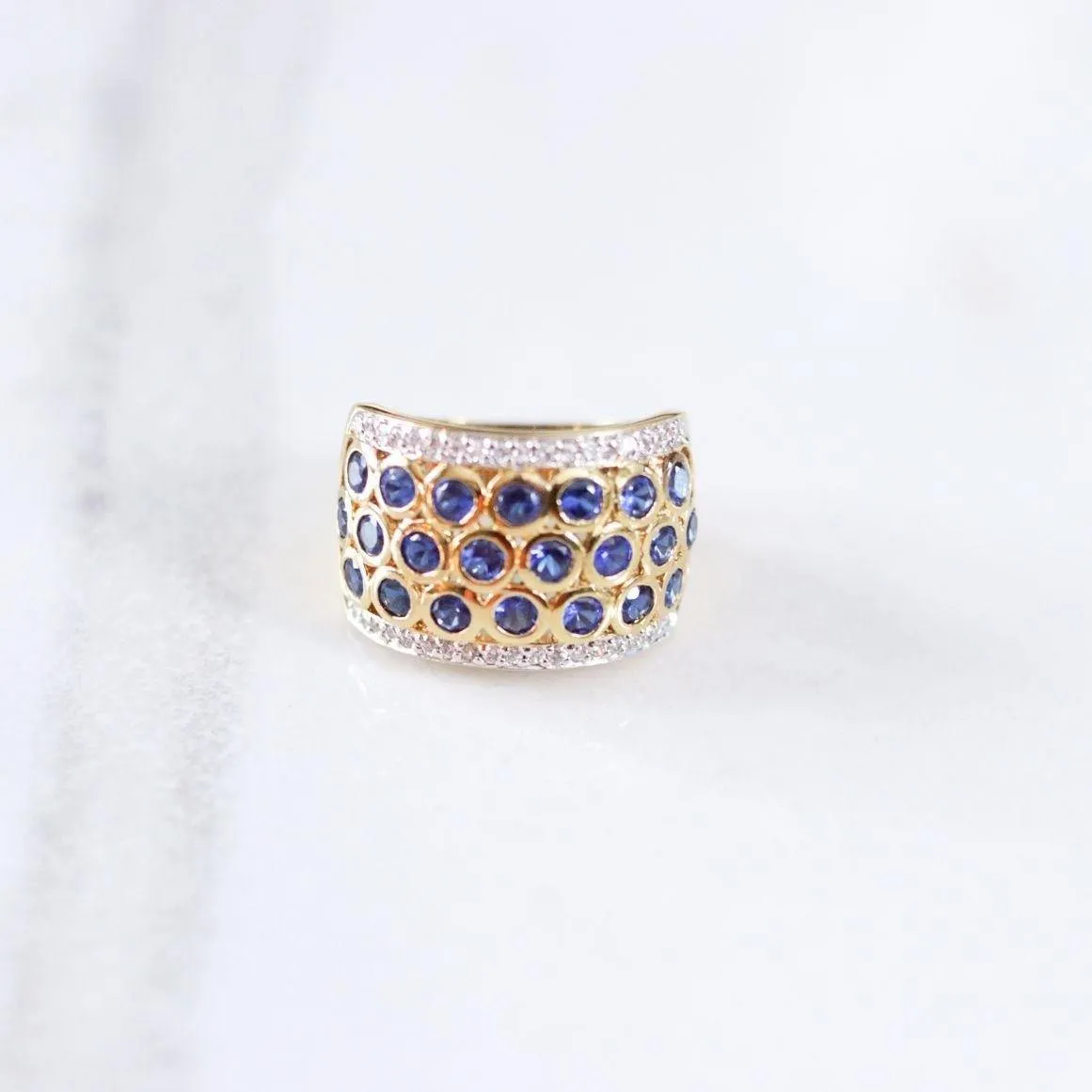Vintage Blue Spinel and CZ Wide Band Ring