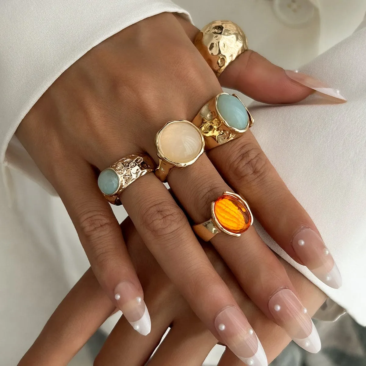 Vintage Chunky Crystal Inlaid Textured Open Ring Set