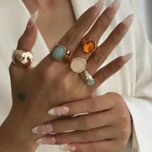 Vintage Chunky Crystal Inlaid Textured Open Ring Set