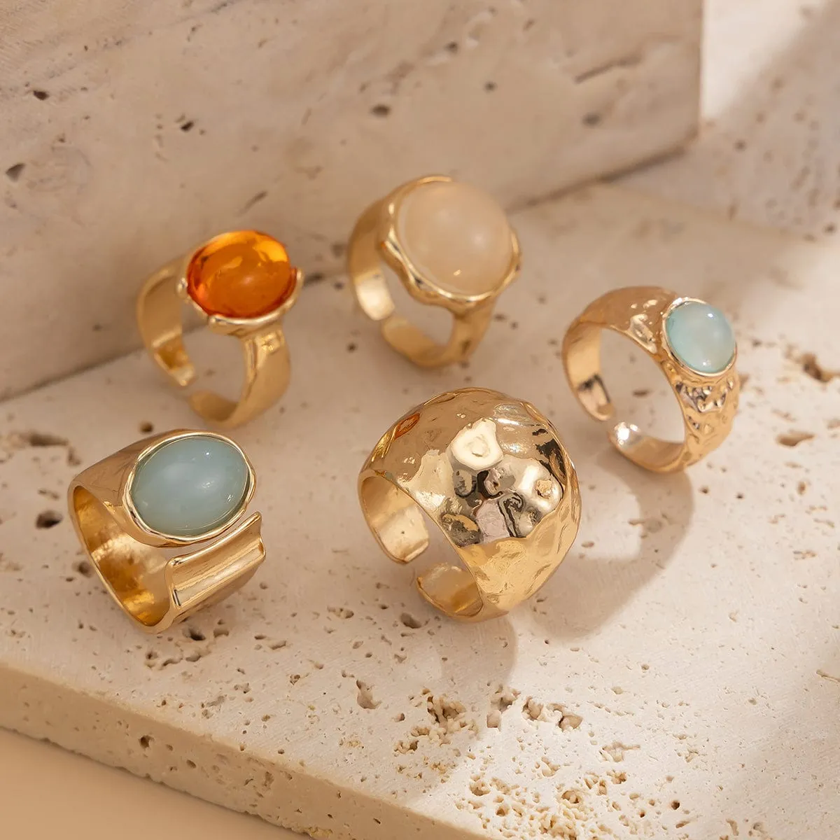 Vintage Chunky Crystal Inlaid Textured Open Ring Set