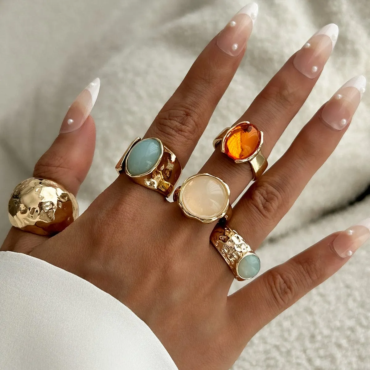 Vintage Chunky Crystal Inlaid Textured Open Ring Set