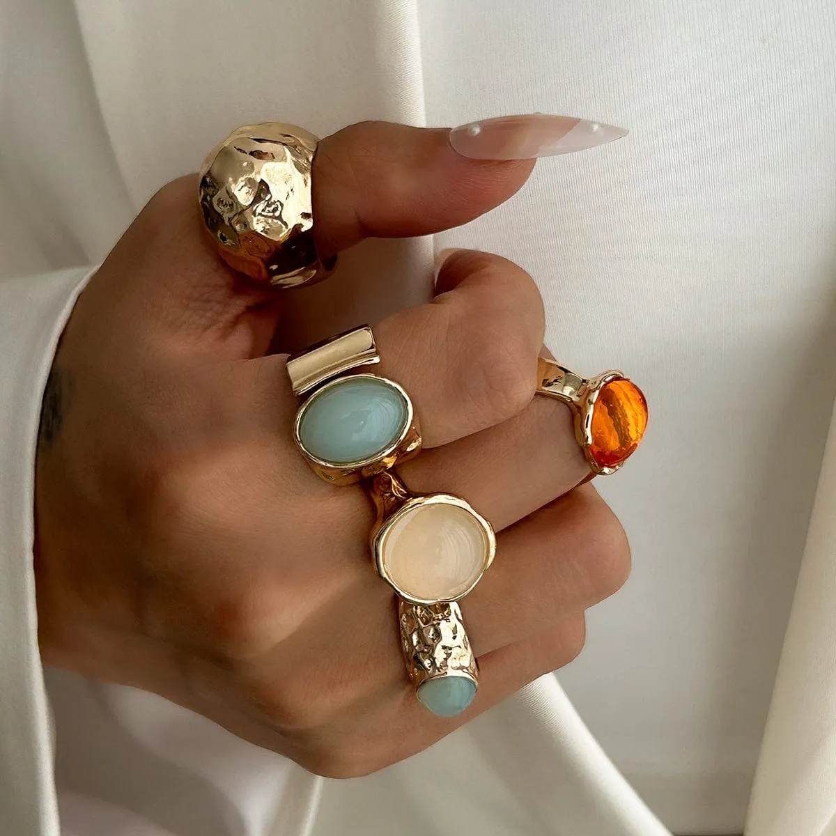 Vintage Chunky Crystal Inlaid Textured Open Ring Set