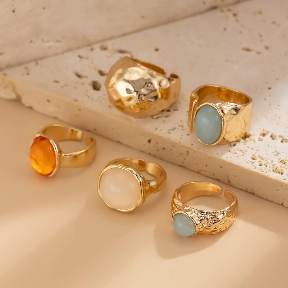 Vintage Chunky Crystal Inlaid Textured Open Ring Set