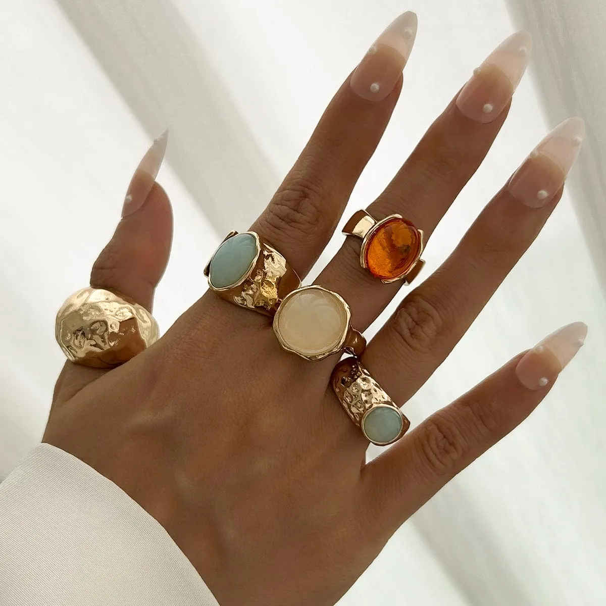Vintage Chunky Crystal Inlaid Textured Open Ring Set