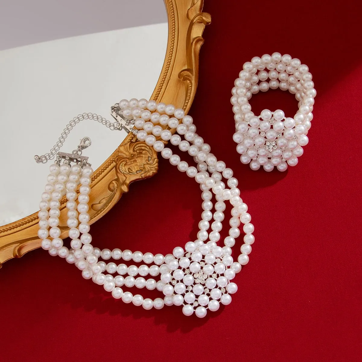 Vintage Chunky Layered Pearl Beaded Necklace Bracelet