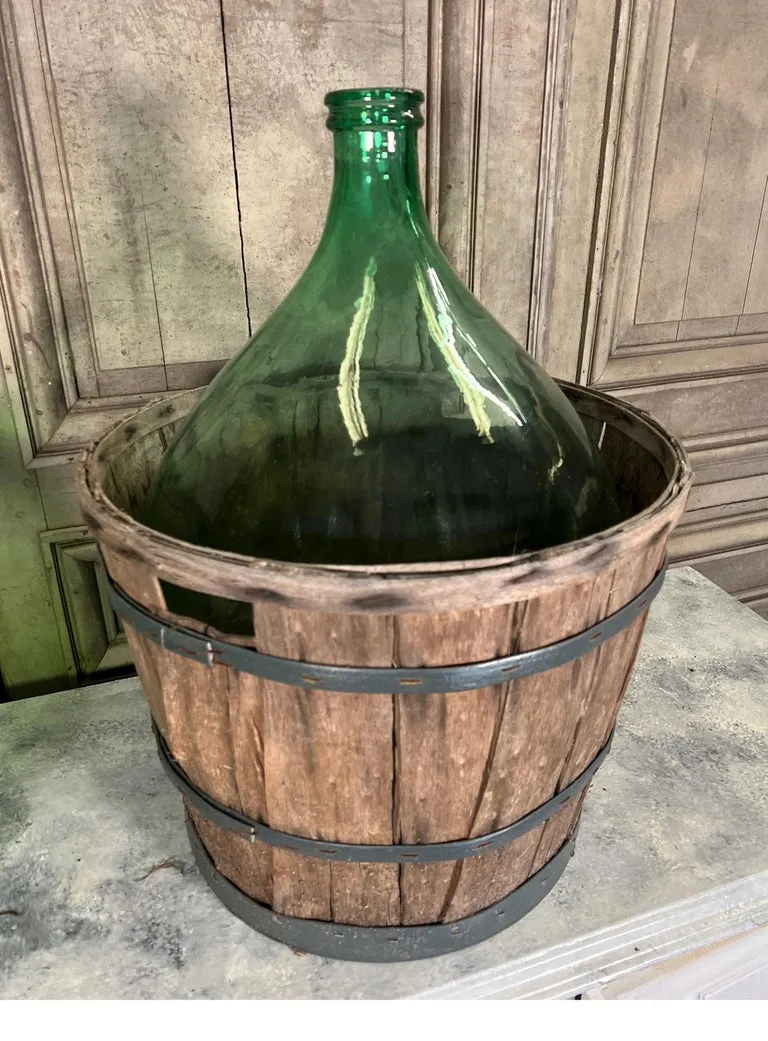 Vintage French Dame Jeanne Wine Bottle Blue Green