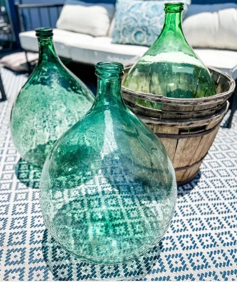 Vintage French Dame Jeanne Wine Bottle Blue Green