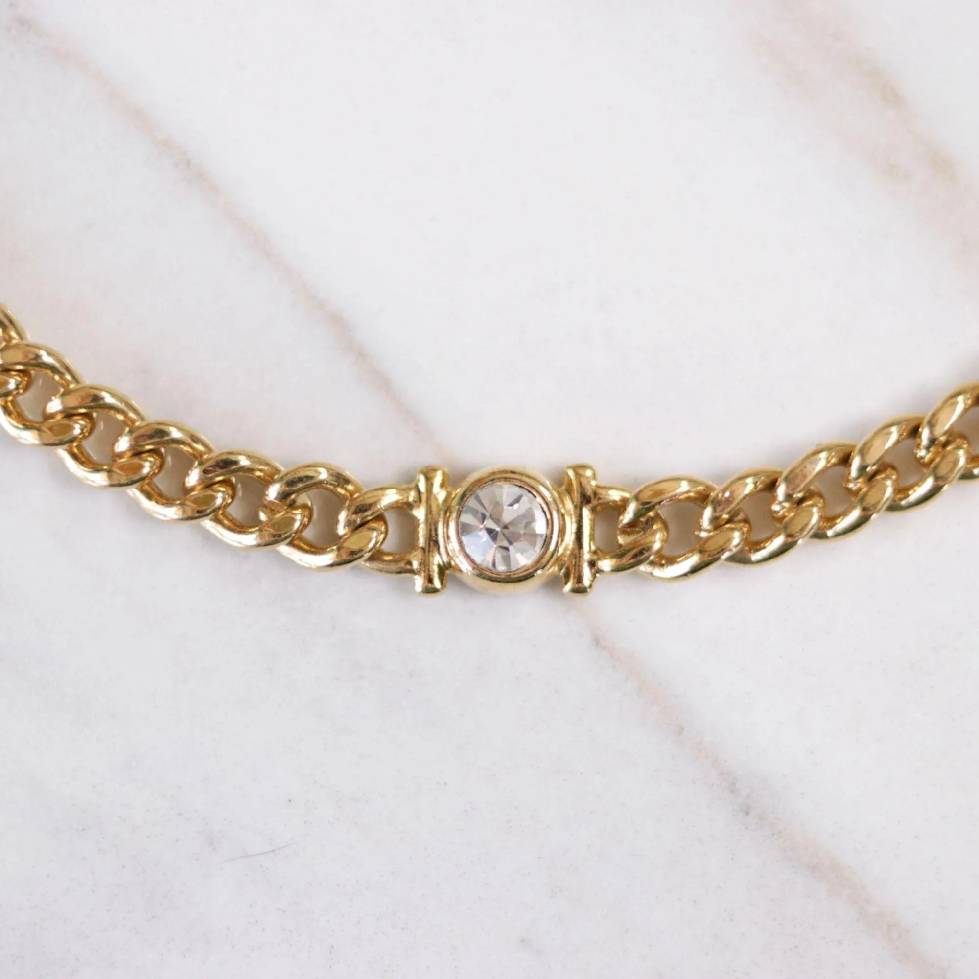 Vintage Gold Curb Chain Necklace with Bezel Set CZ
