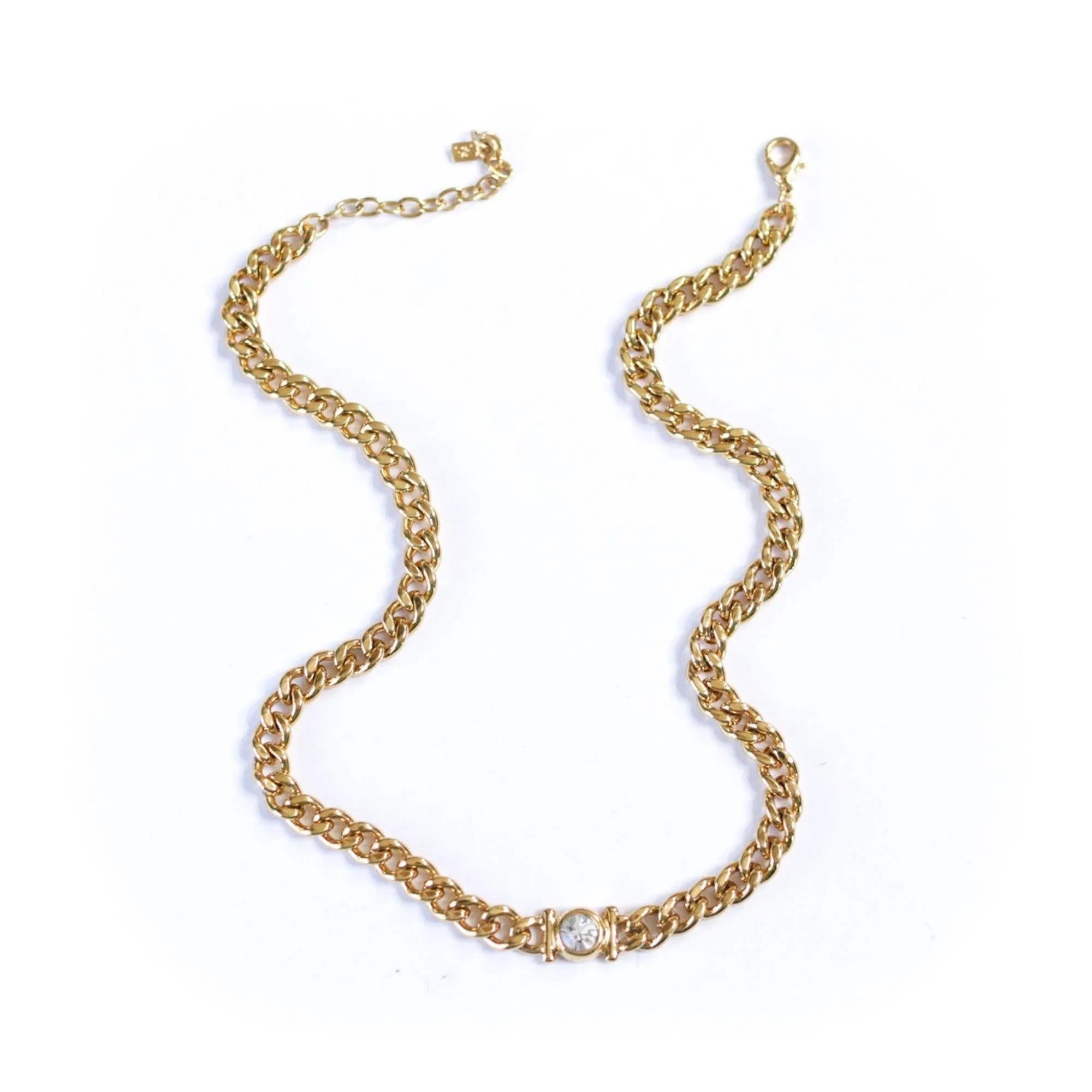 Vintage Gold Curb Chain Necklace with Bezel Set CZ