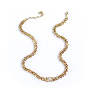 Vintage Gold Curb Chain Necklace with Bezel Set CZ