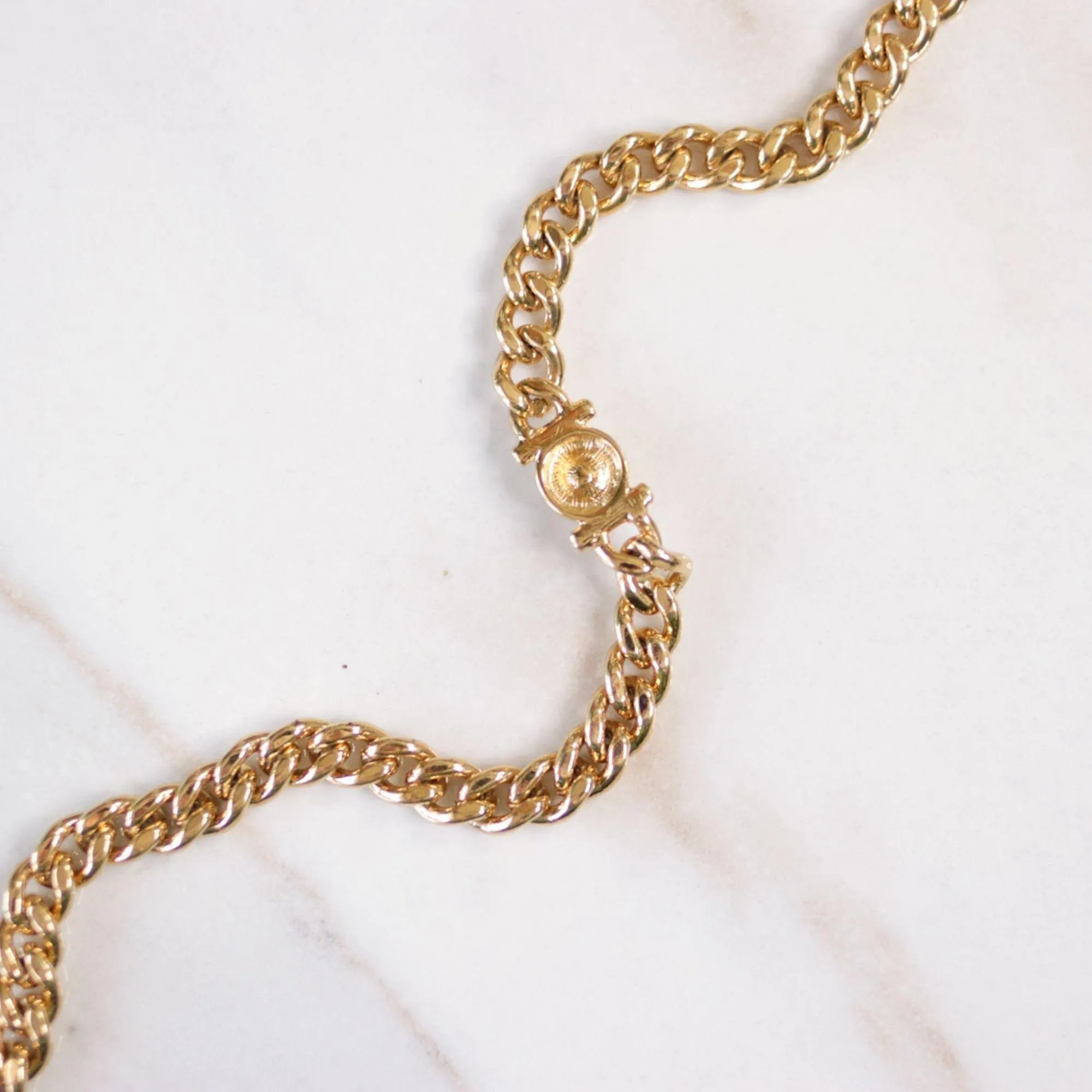 Vintage Gold Curb Chain Necklace with Bezel Set CZ