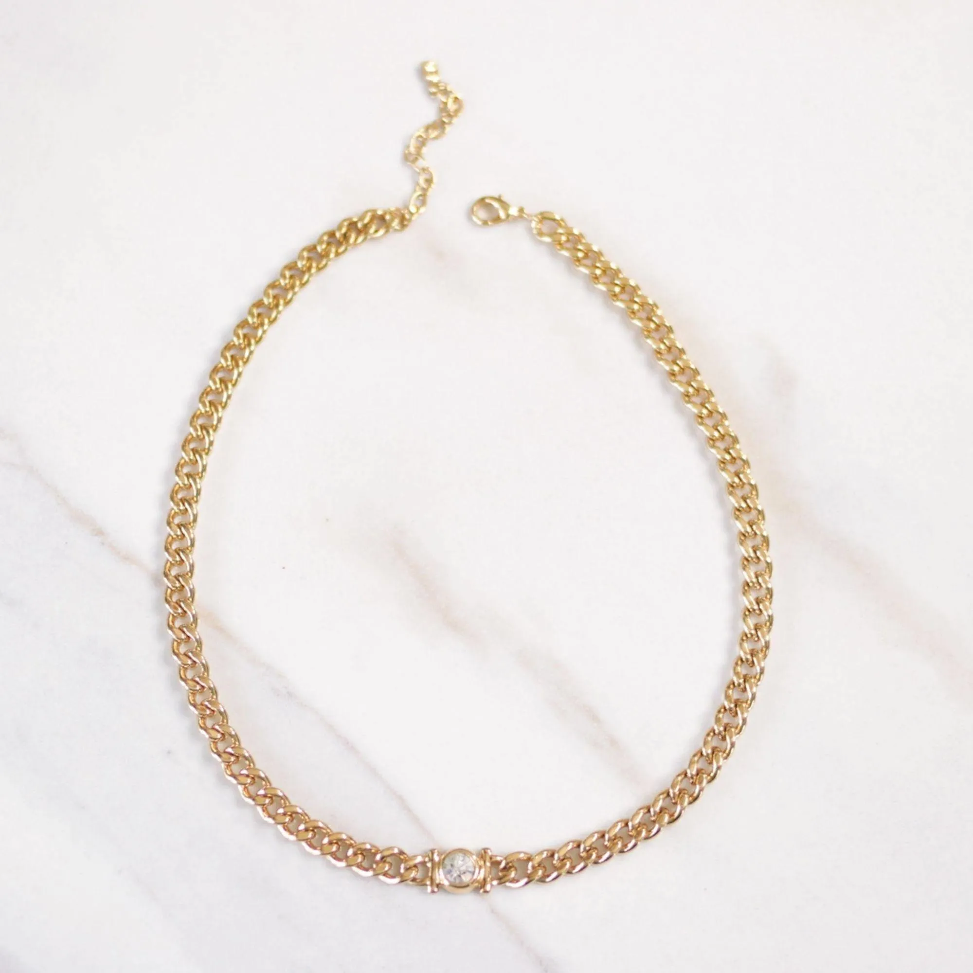 Vintage Gold Curb Chain Necklace with Bezel Set CZ