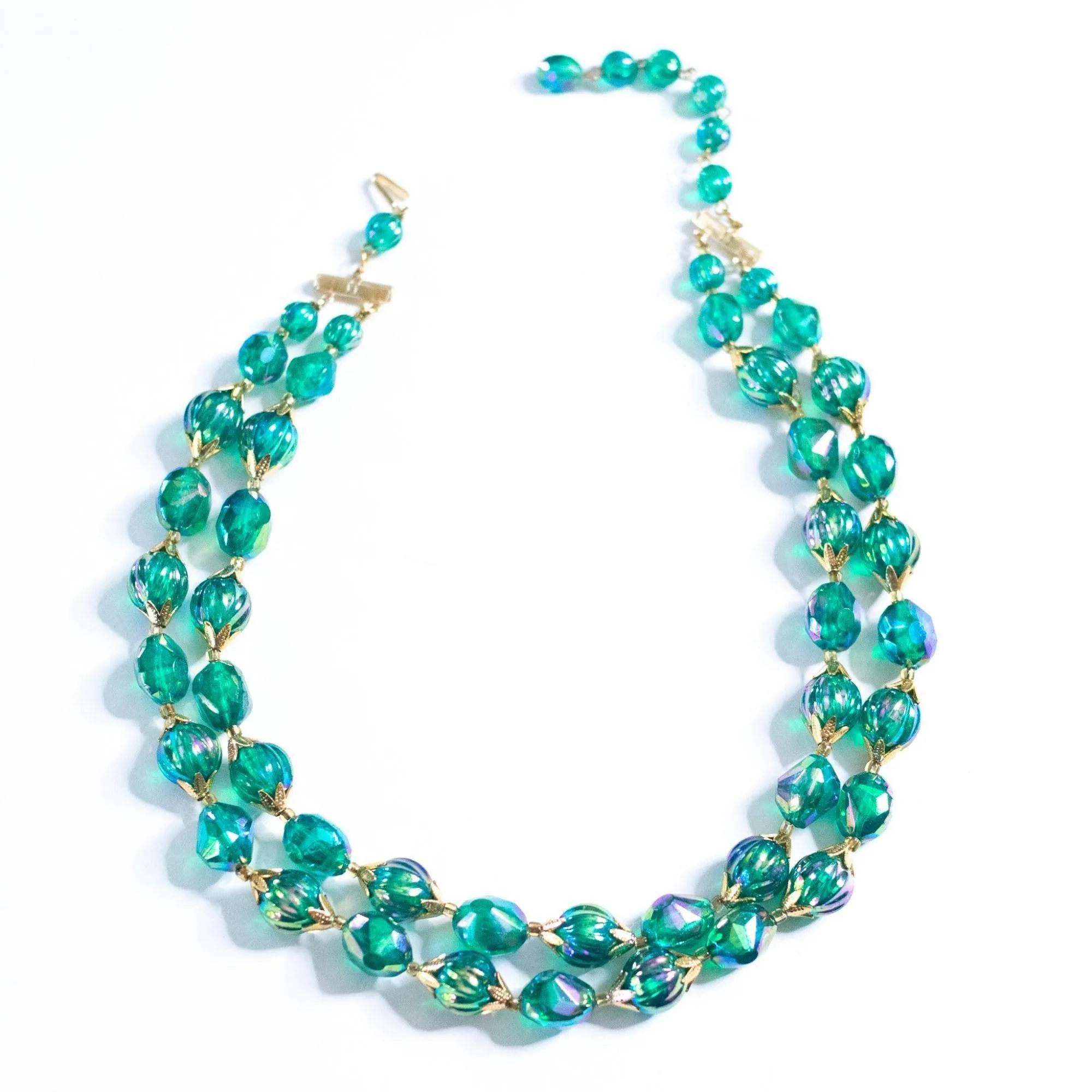 Vintage Iridescent Green Beaded Double Strand Necklace