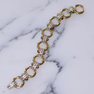 Vintage Joan Rivers Classics Gold Link Bracelet with Royal Colors Cabochons and Diamante Crystals