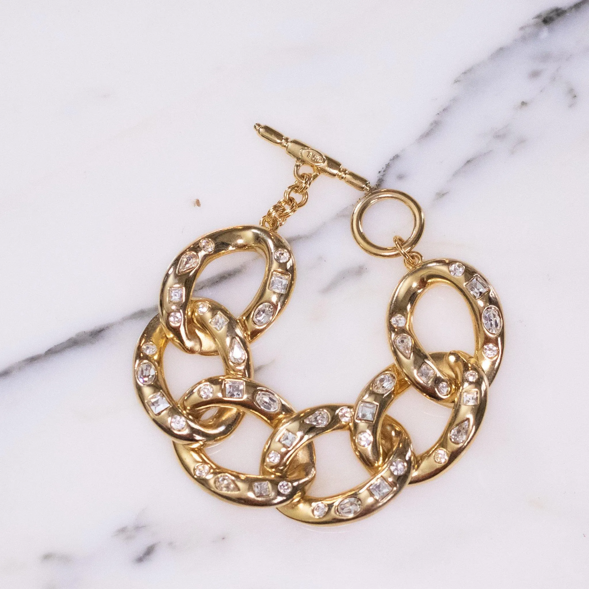 Vintage Kenneth Jay Lane Chunky Gold Link Bracelet with Crystals