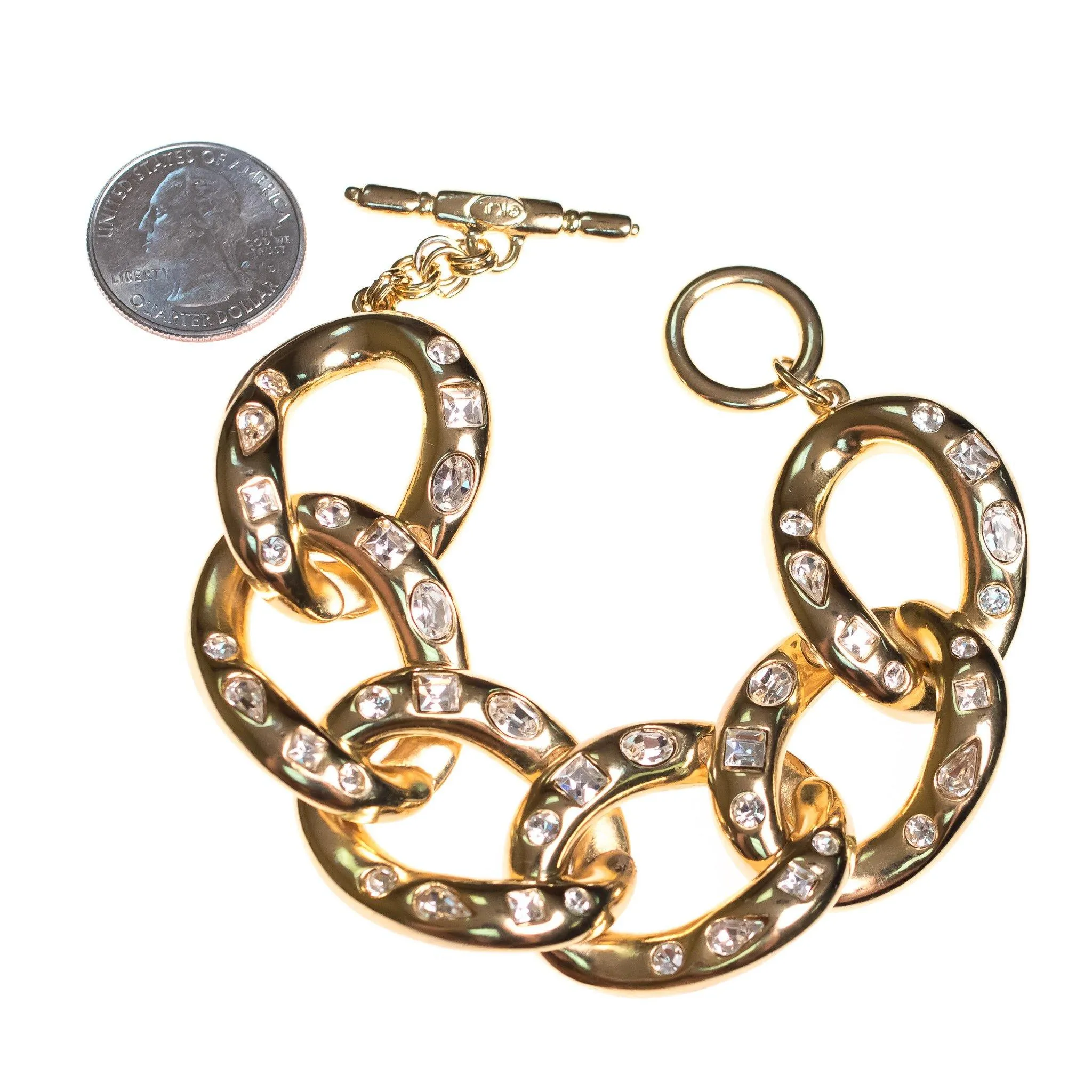 Vintage Kenneth Jay Lane Chunky Gold Link Bracelet with Crystals