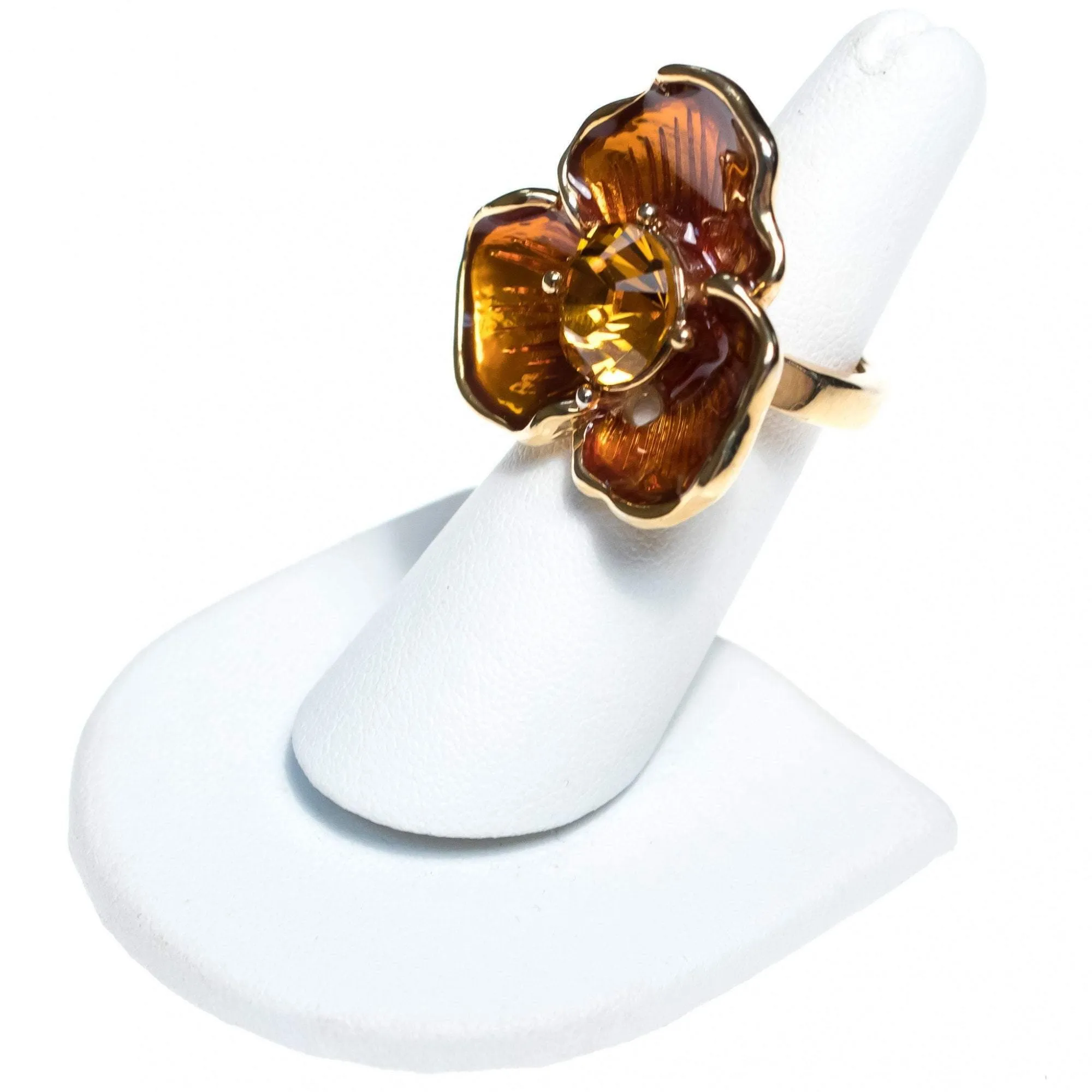 Vintage Kenneth Jay Lane Golden Pansy Ring with Amber Crystal