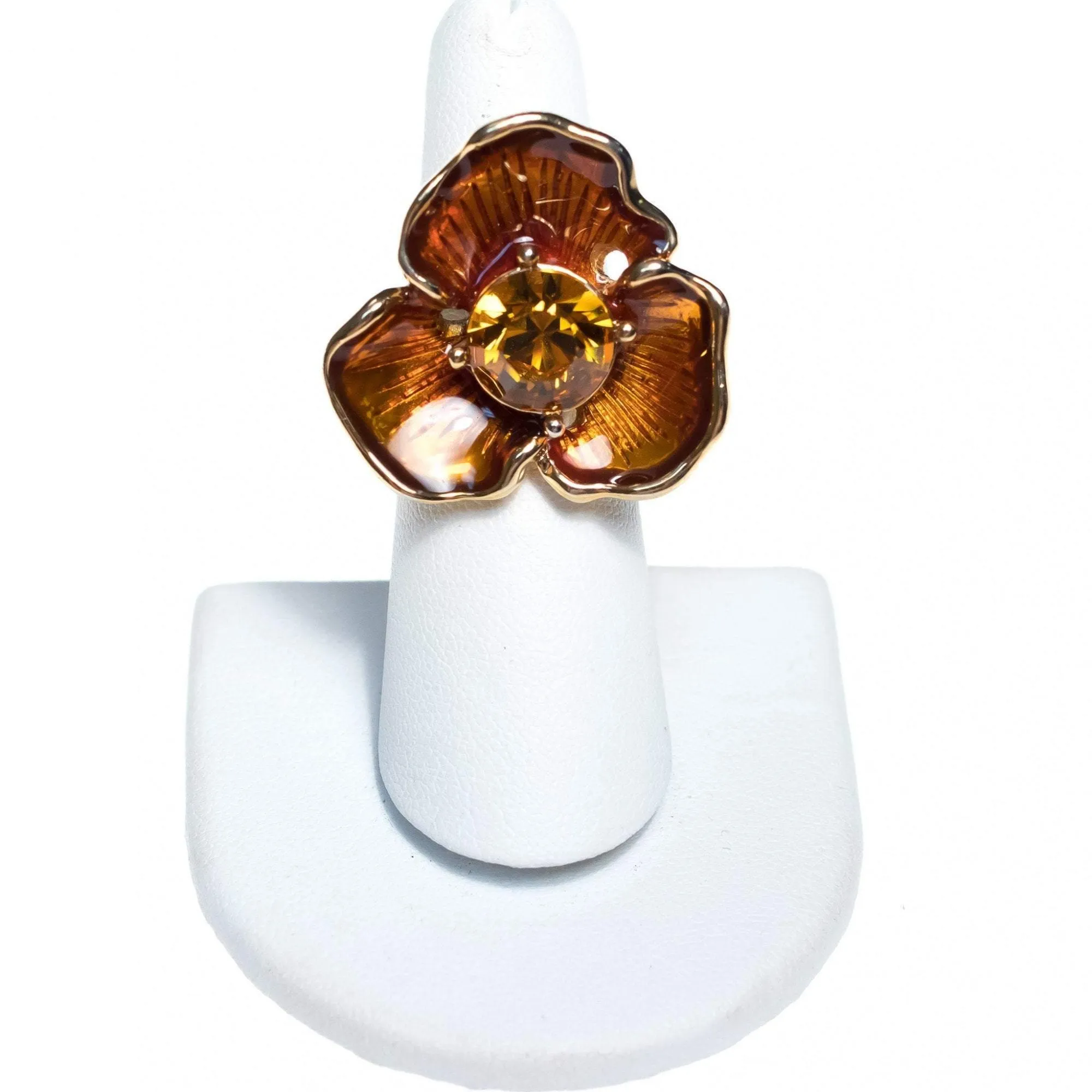 Vintage Kenneth Jay Lane Golden Pansy Ring with Amber Crystal