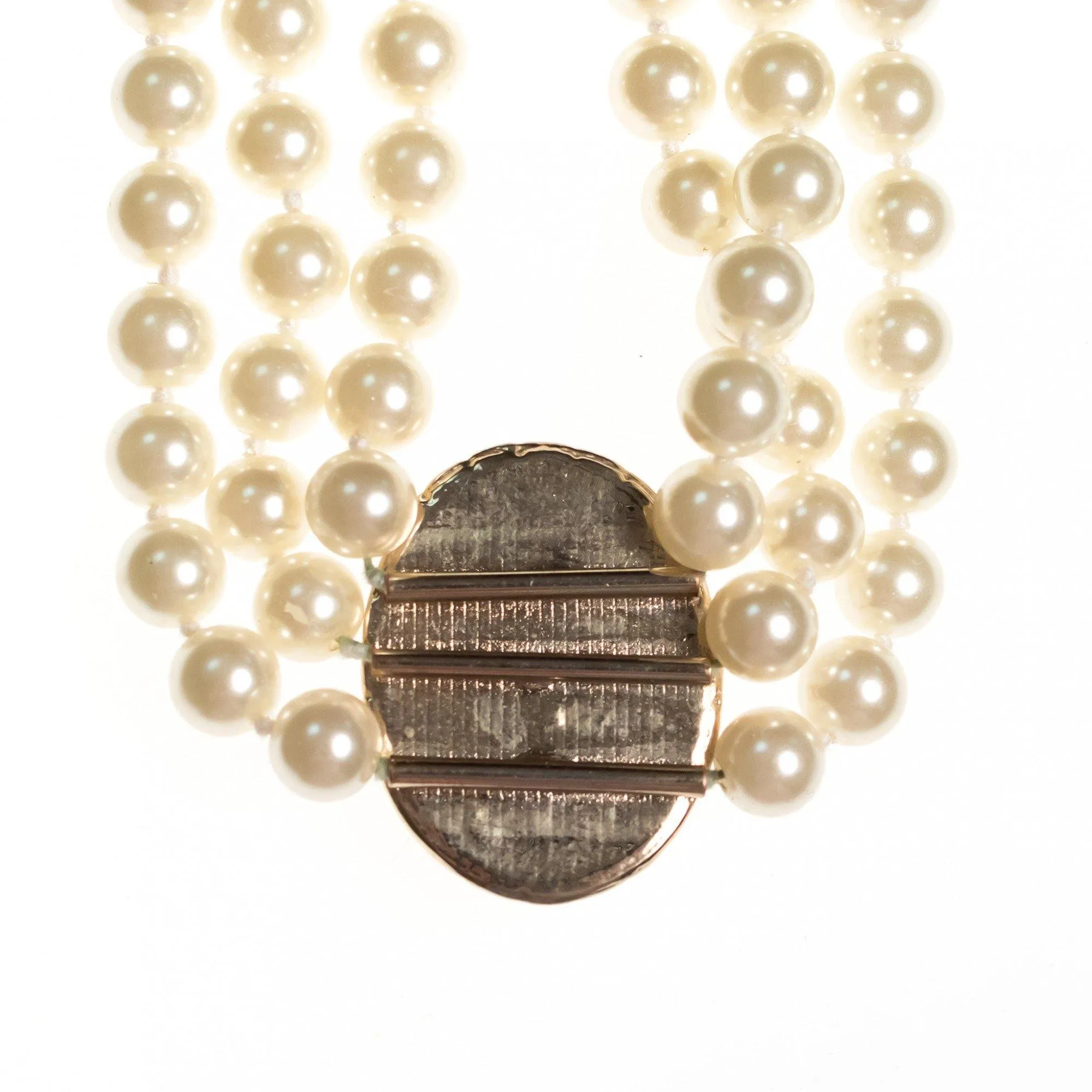 Vintage Luxurious Triple Strand Glass Pearl Necklace with Oval Pearl and Diamante Medallion