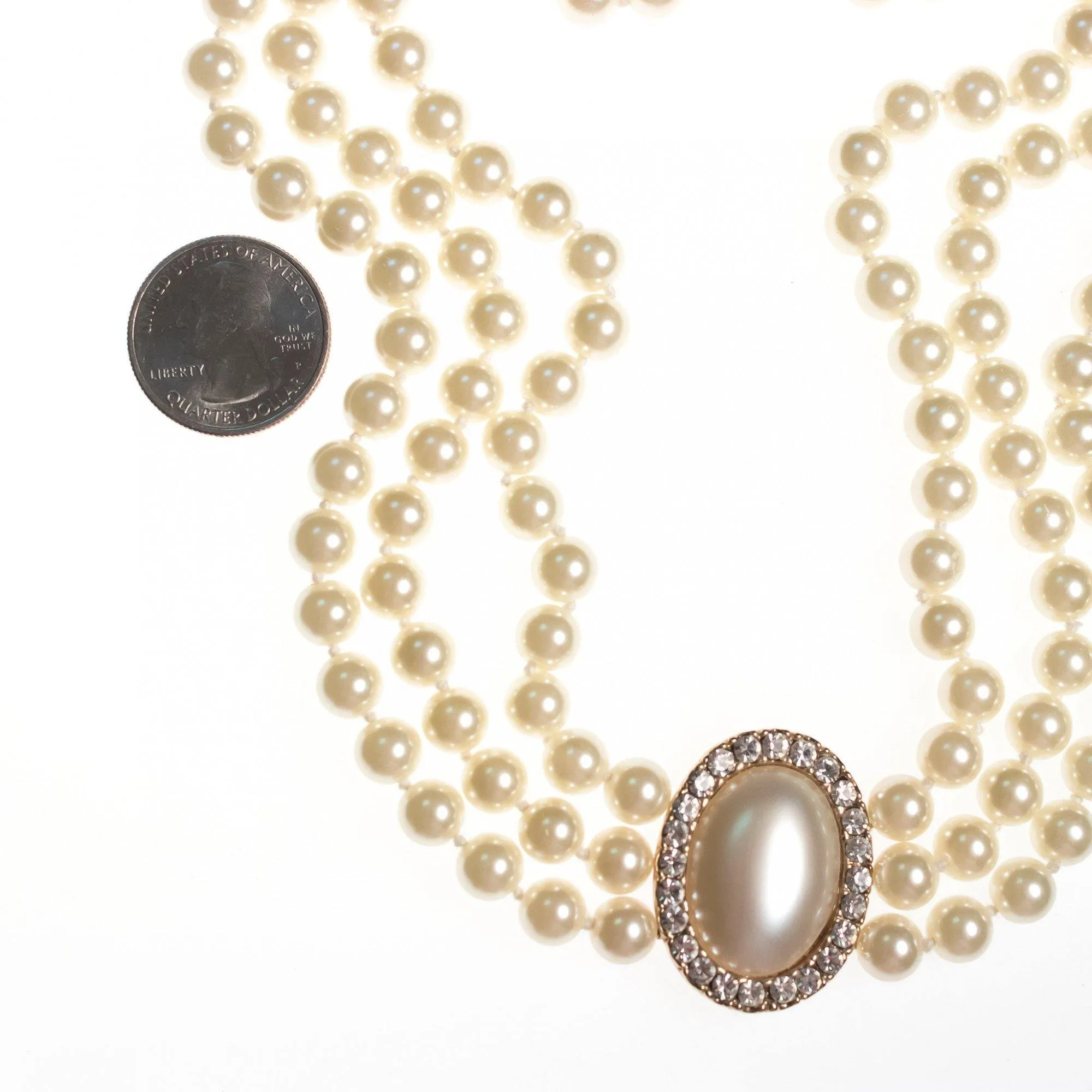 Vintage Luxurious Triple Strand Glass Pearl Necklace with Oval Pearl and Diamante Medallion
