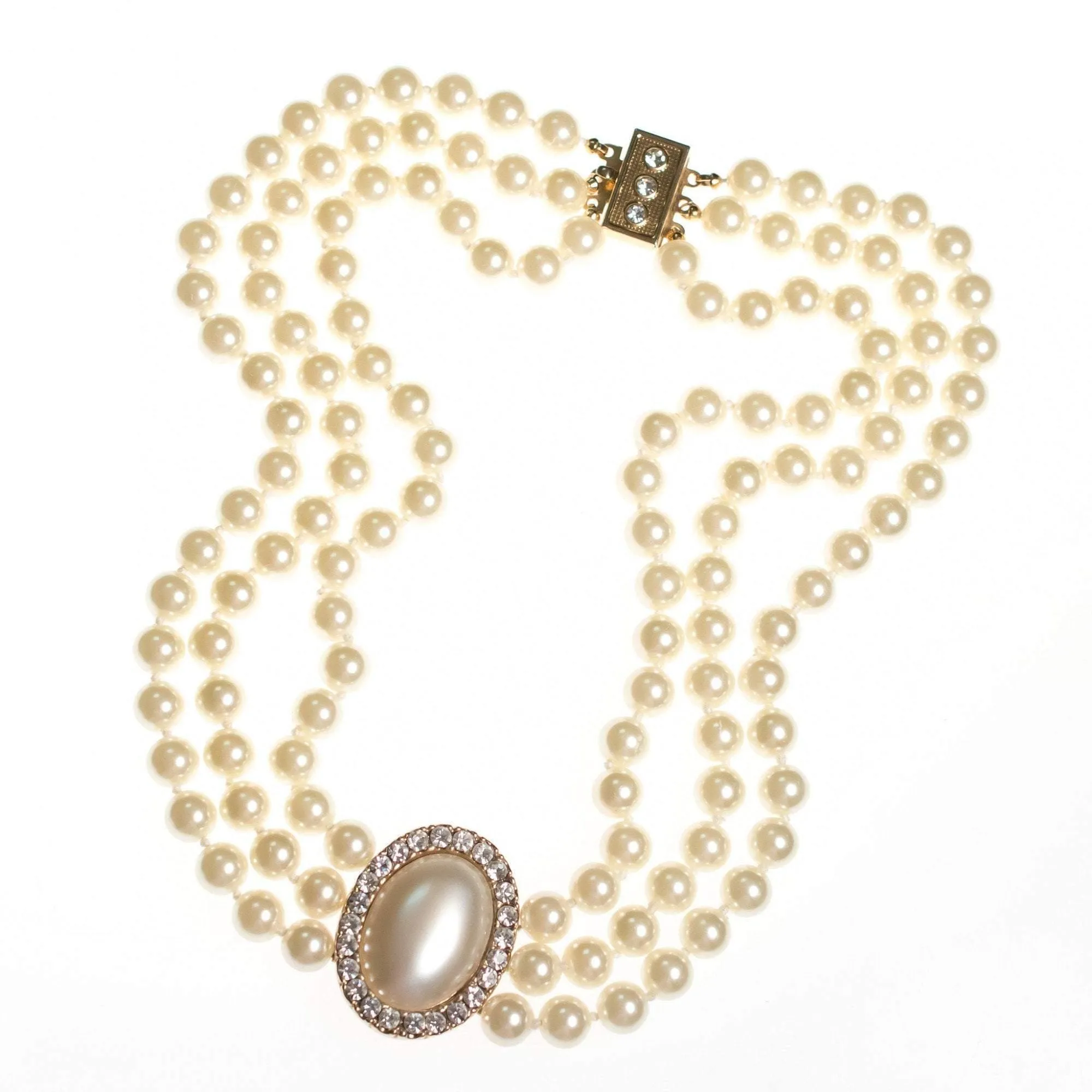 Vintage Luxurious Triple Strand Glass Pearl Necklace with Oval Pearl and Diamante Medallion