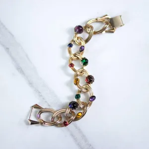 Vintage Marino Chunky Gold Link Bracelet with Colorful Cabochons