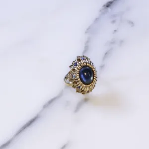 Vintage Mid Century Modern Blue Crystal Cabochon Cocktail Statement Ring