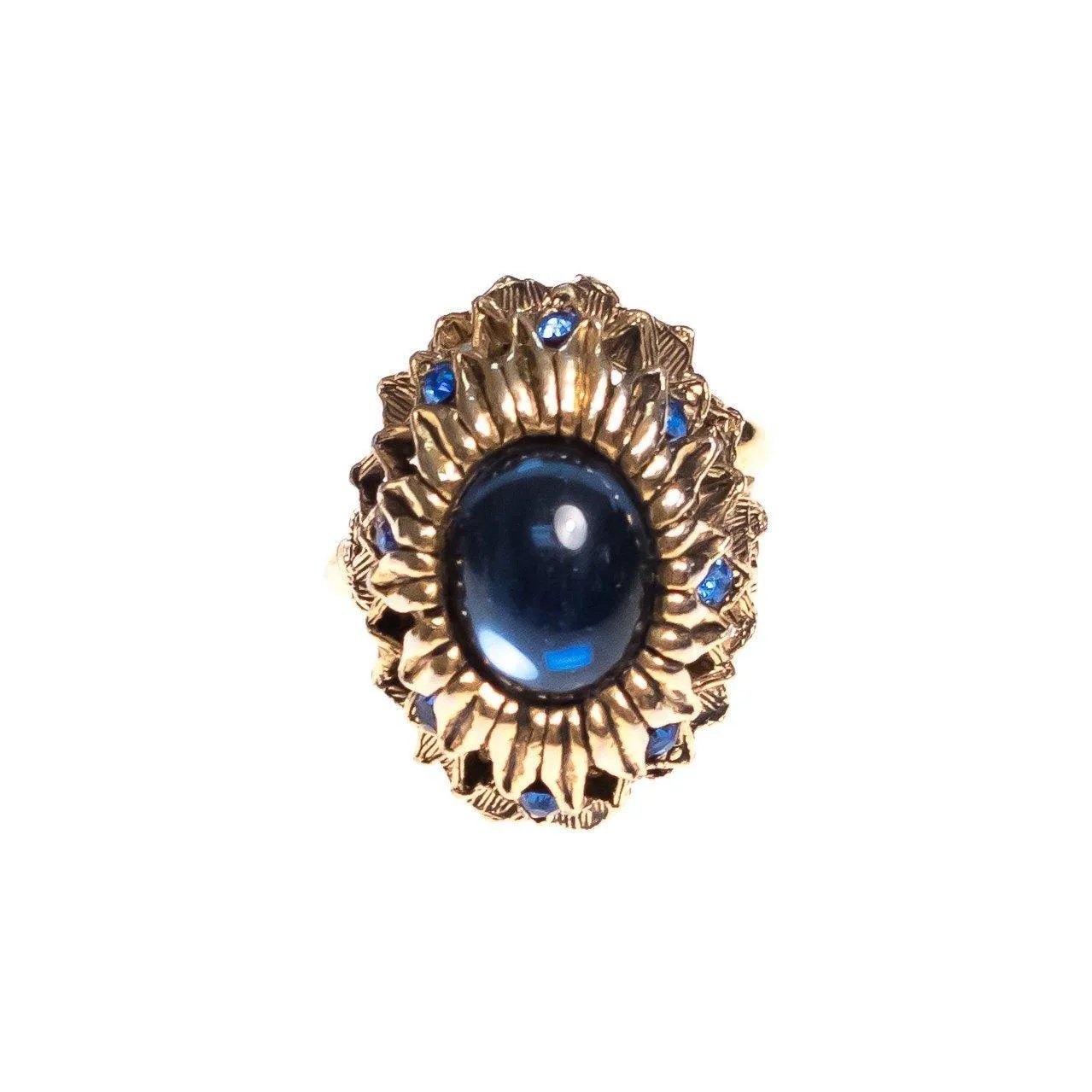Vintage Mid Century Modern Blue Crystal Cabochon Cocktail Statement Ring