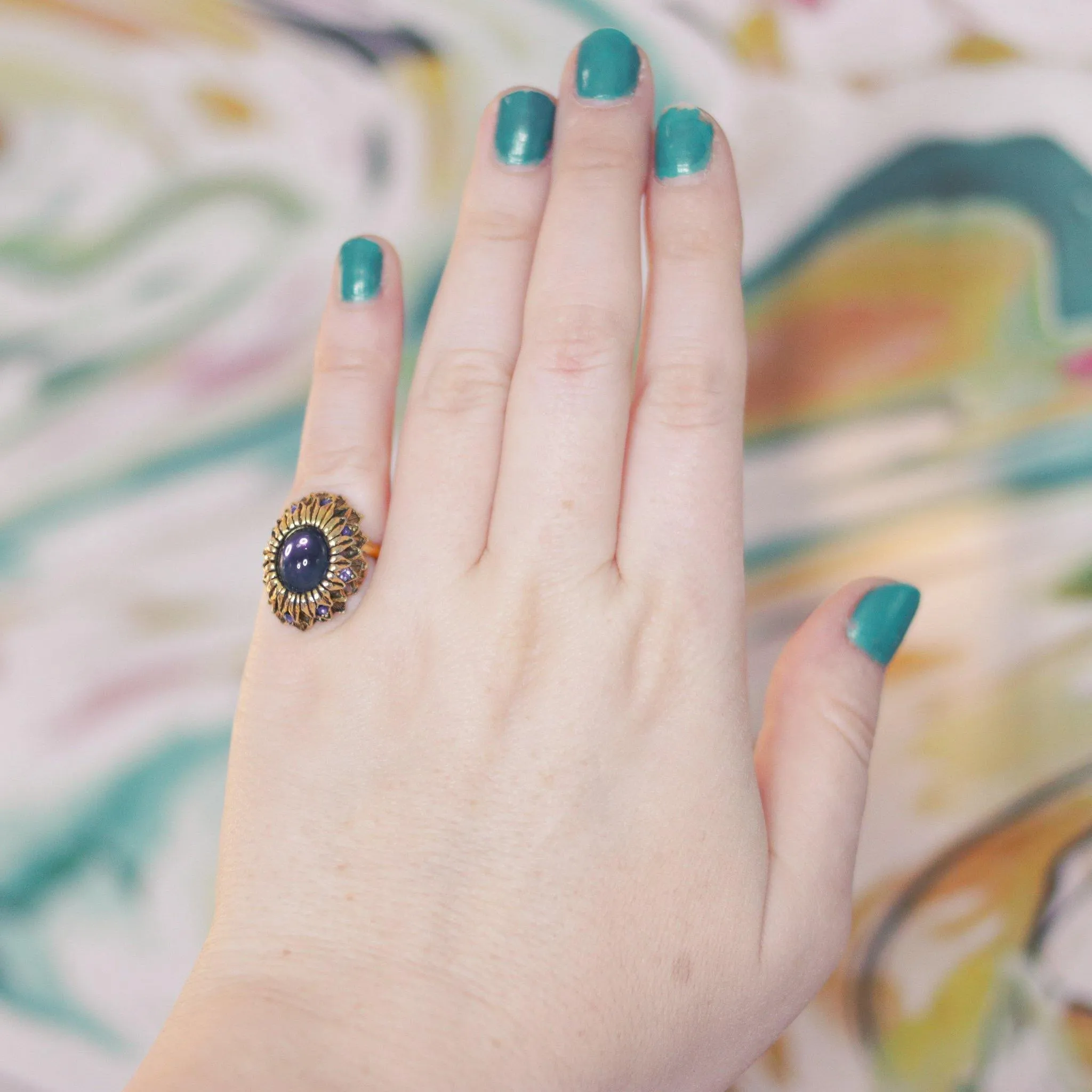 Vintage Mid Century Modern Blue Crystal Cabochon Cocktail Statement Ring