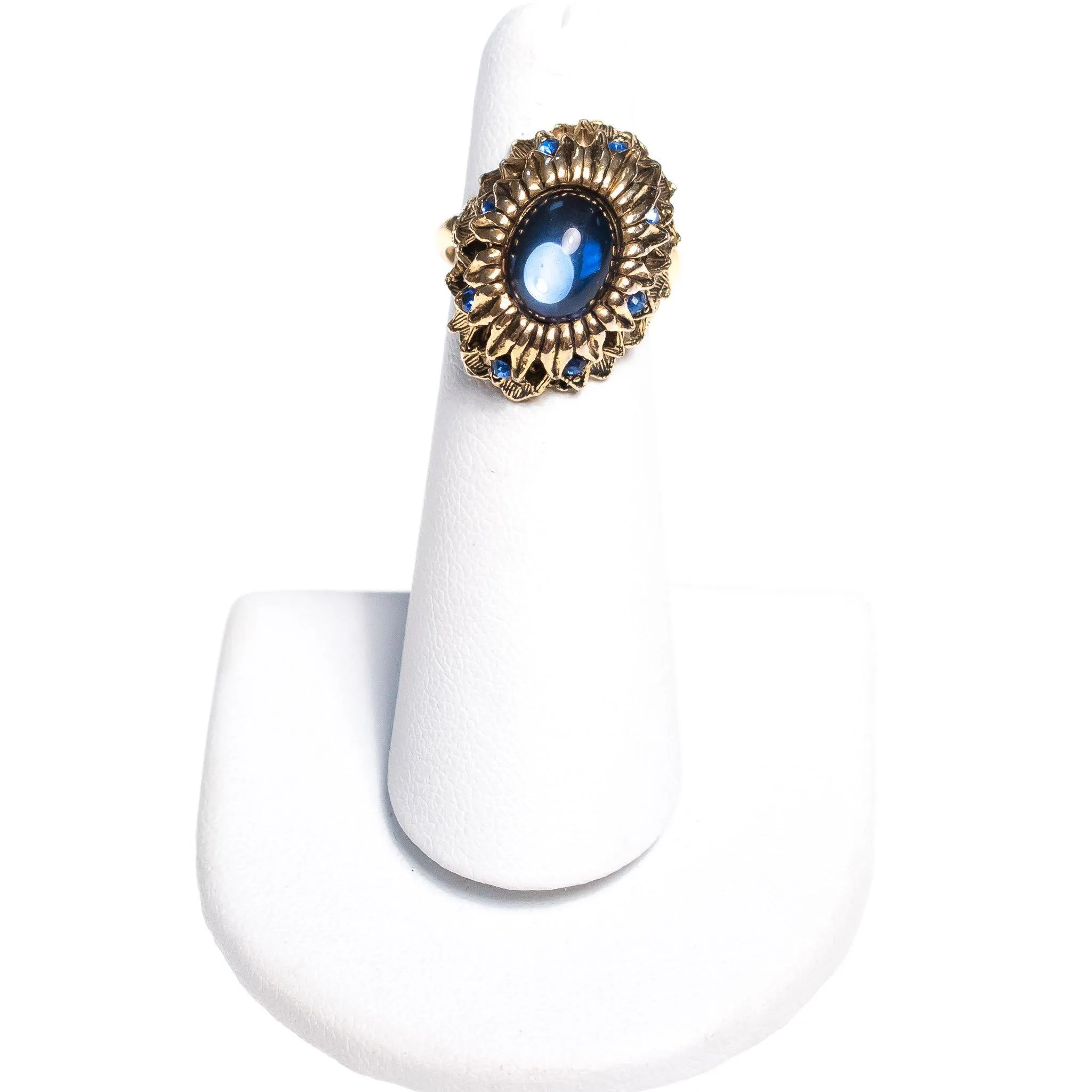 Vintage Mid Century Modern Blue Crystal Cabochon Cocktail Statement Ring