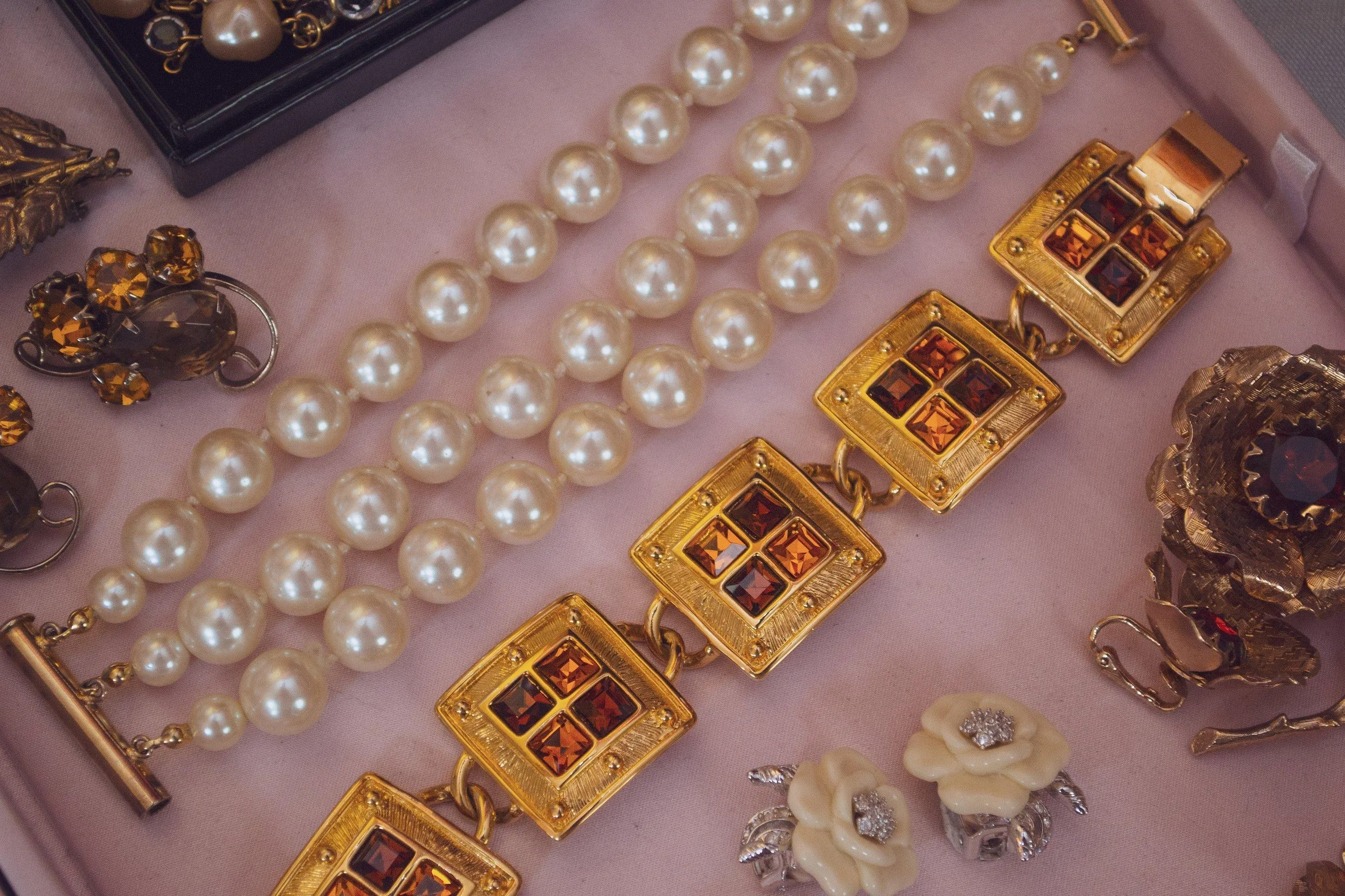 Vintage Napier Square Link Bracelet with Amber and Smokey Topaz Crystals