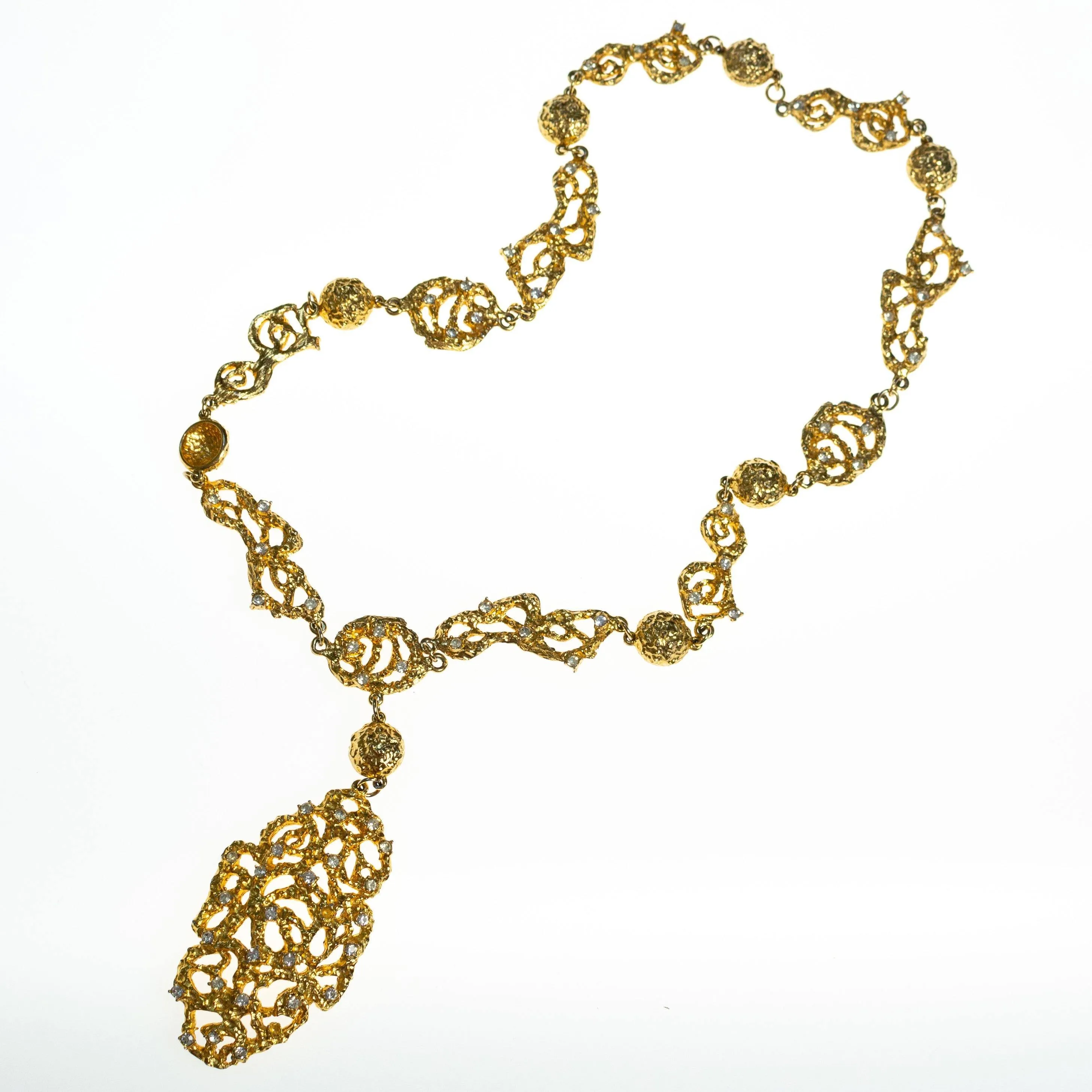 Vintage Polcini Gold Brutalist Modern Long Statement Necklace with Rhinestones