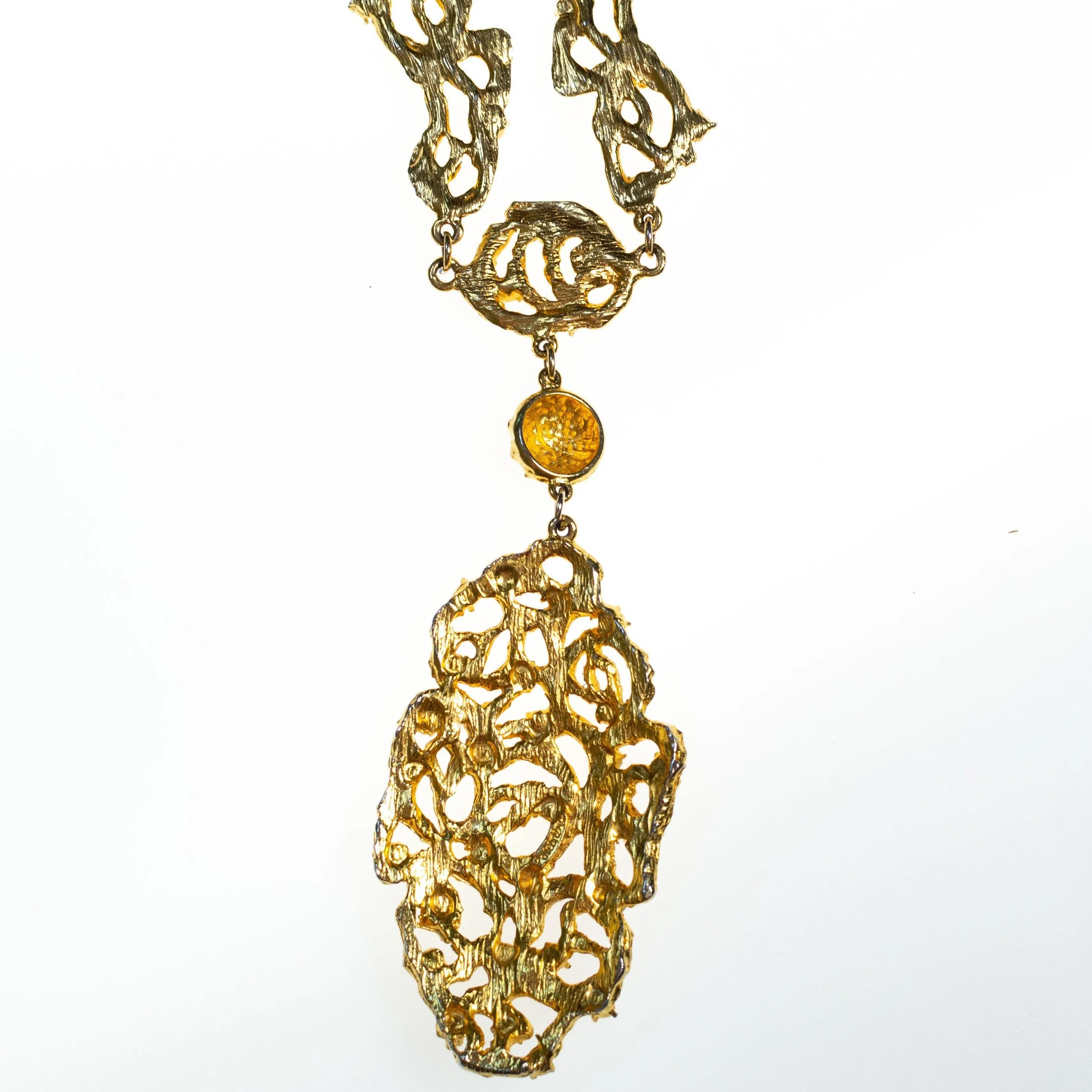 Vintage Polcini Gold Brutalist Modern Long Statement Necklace with Rhinestones